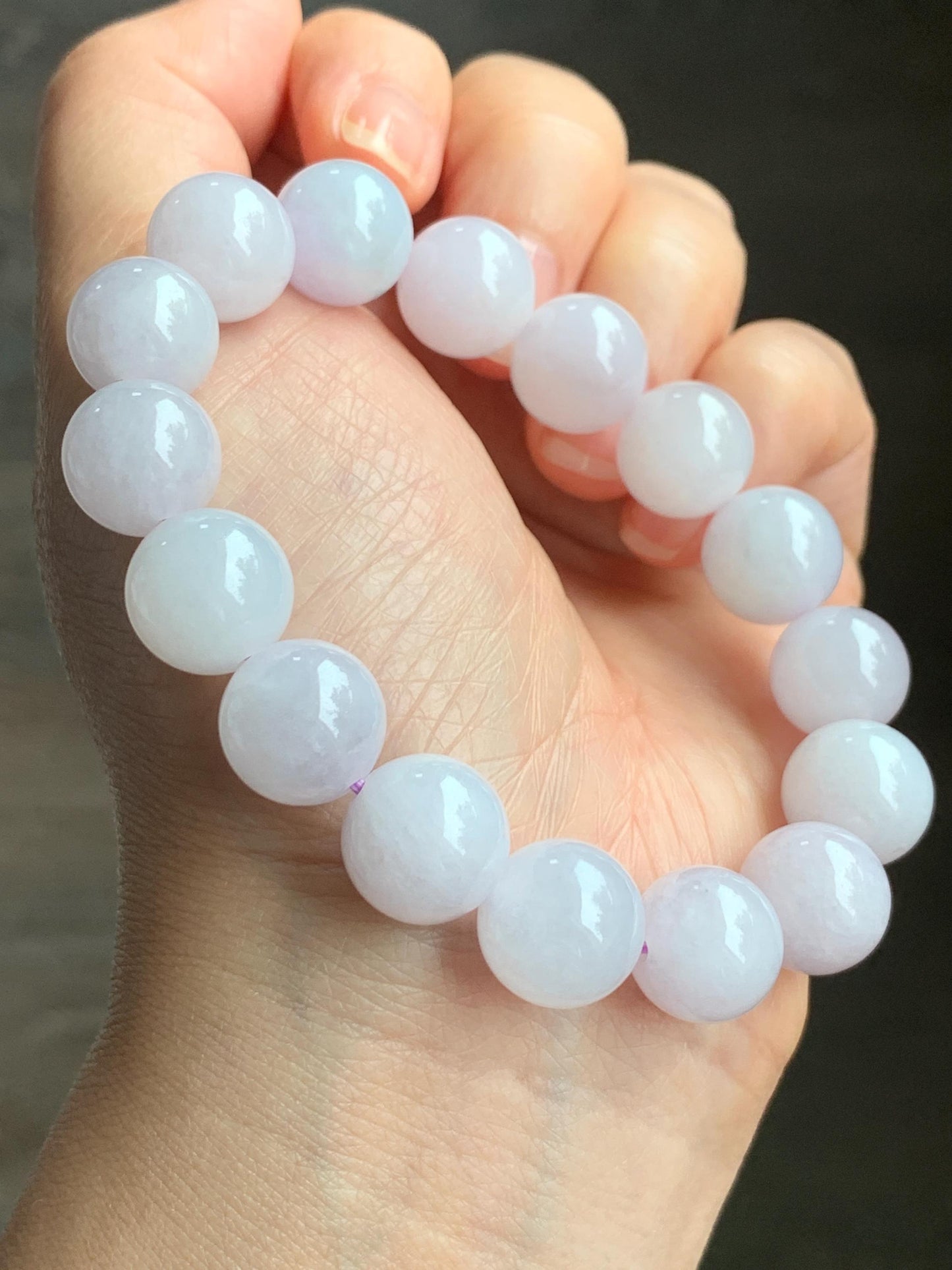 Certified Natural Grade A Icy Translucent Gelatinous Pastel Lavender Jadeite Large Beads Beaded Bracelet 12mm 7” 51g 天然冰胶淡紫底翡翠大卡圆珠手串 1496