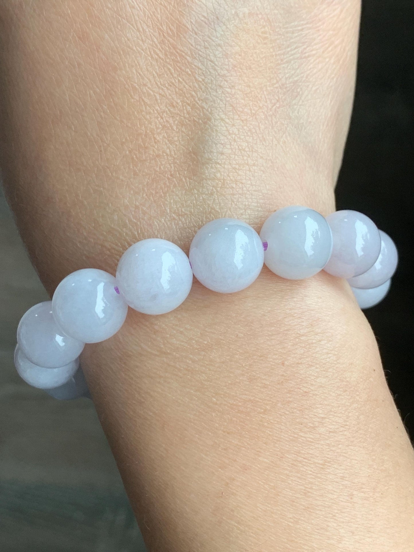 Certified Natural Grade A Icy Translucent Gelatinous Pastel Lavender Jadeite Large Beads Beaded Bracelet 12mm 7” 51g 天然冰胶淡紫底翡翠大卡圆珠手串 1496