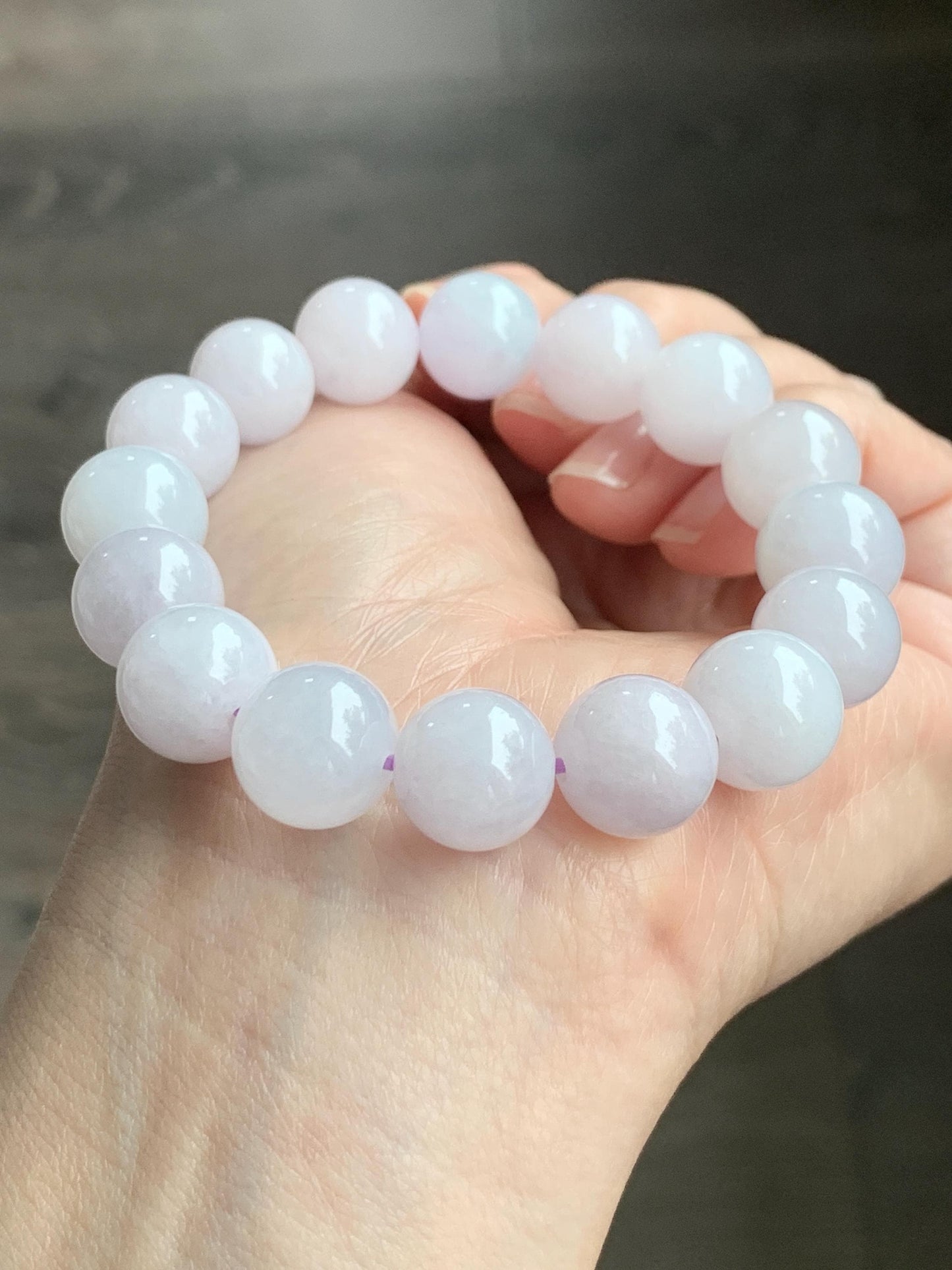 Certified Natural Grade A Icy Translucent Gelatinous Pastel Lavender Jadeite Large Beads Beaded Bracelet 12mm 7” 51g 天然冰胶淡紫底翡翠大卡圆珠手串 1496