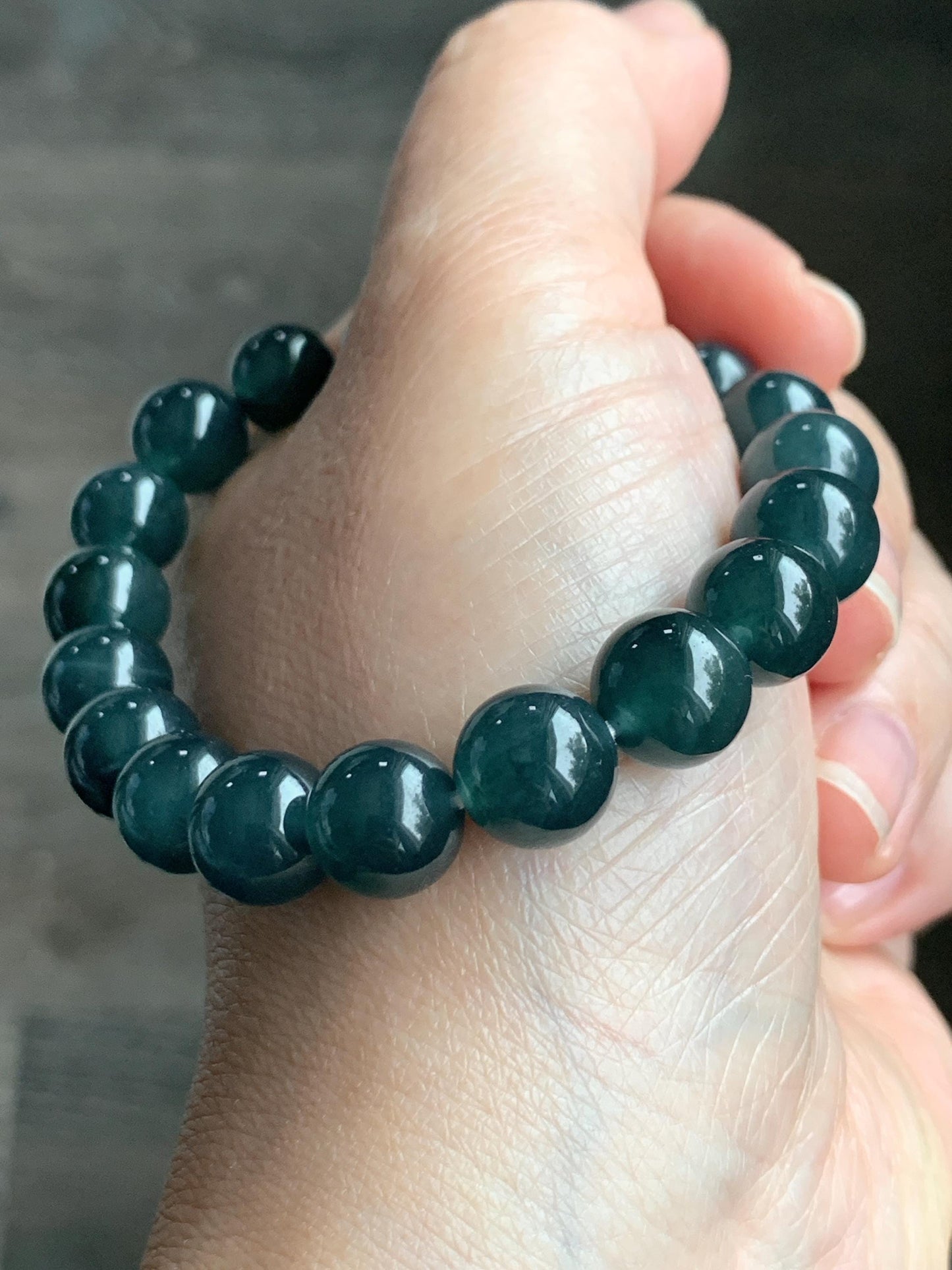Natural Guatemalan Grade A Icy Translucent Deep Teal Blue Jadeite Beaded Bracelet Stretchy 9.9mm 7" 31g 天然冰危深蓝绿翡翠大卡手串 SLL250