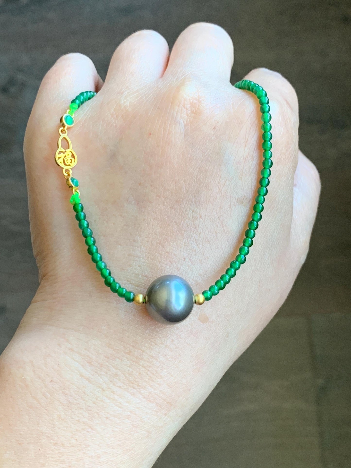 Natural Grade A Guatemalan Icy Translucent Vibrant Green Jadeite Genuine Tahitian Pearl Sterling Silver Beaded Necklace 16” 天然冰危绿翡翠珠大溪地珍珠项链