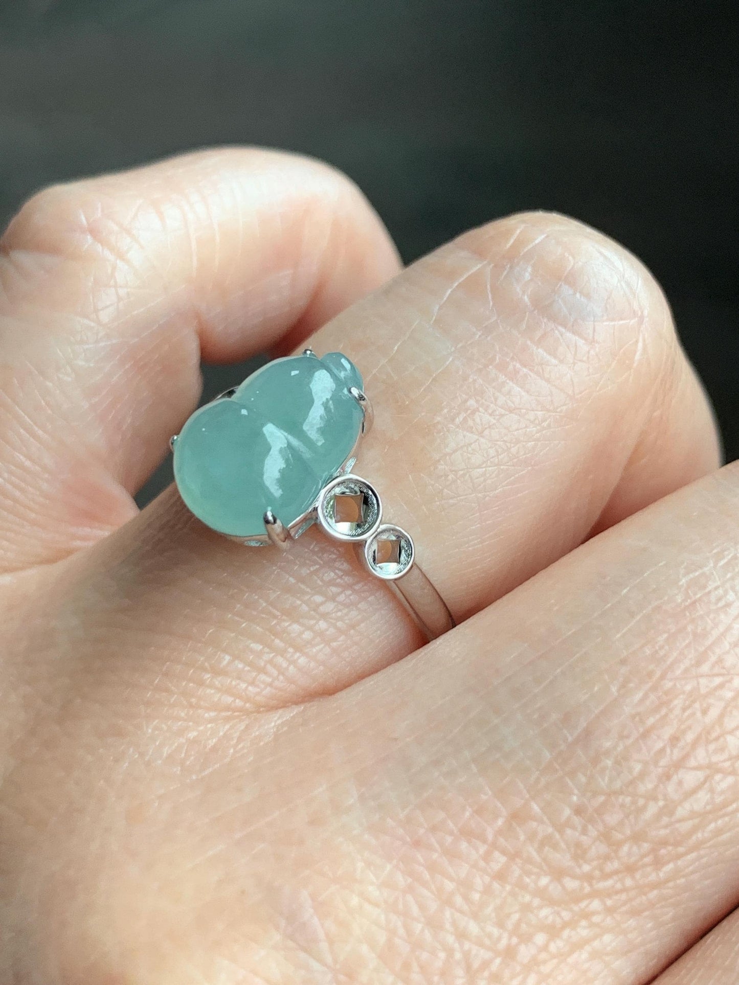 Certified Natural Grade A Icy Translucent Gelatinous Light Green Jadeite Gourd Hulu Ring Sterling Silver size 7 US 2.7g 天然冰胶晴蓝底翡翠葫芦镶嵌戒指 1504