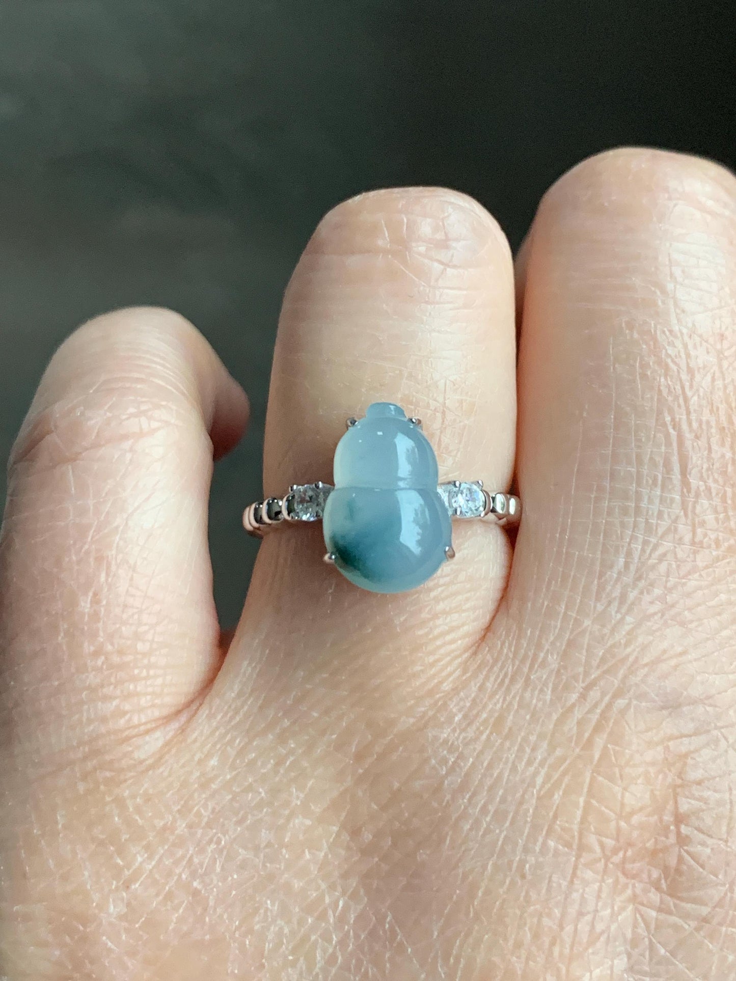 Certified Natural Grade A Icy Translucent Gelatinous Teal Green Marbled Jadeite Gourd Hulu Ring Sterling Silver sz 7.25 天然冰胶蓝花翡翠葫芦镶嵌戒指 1503