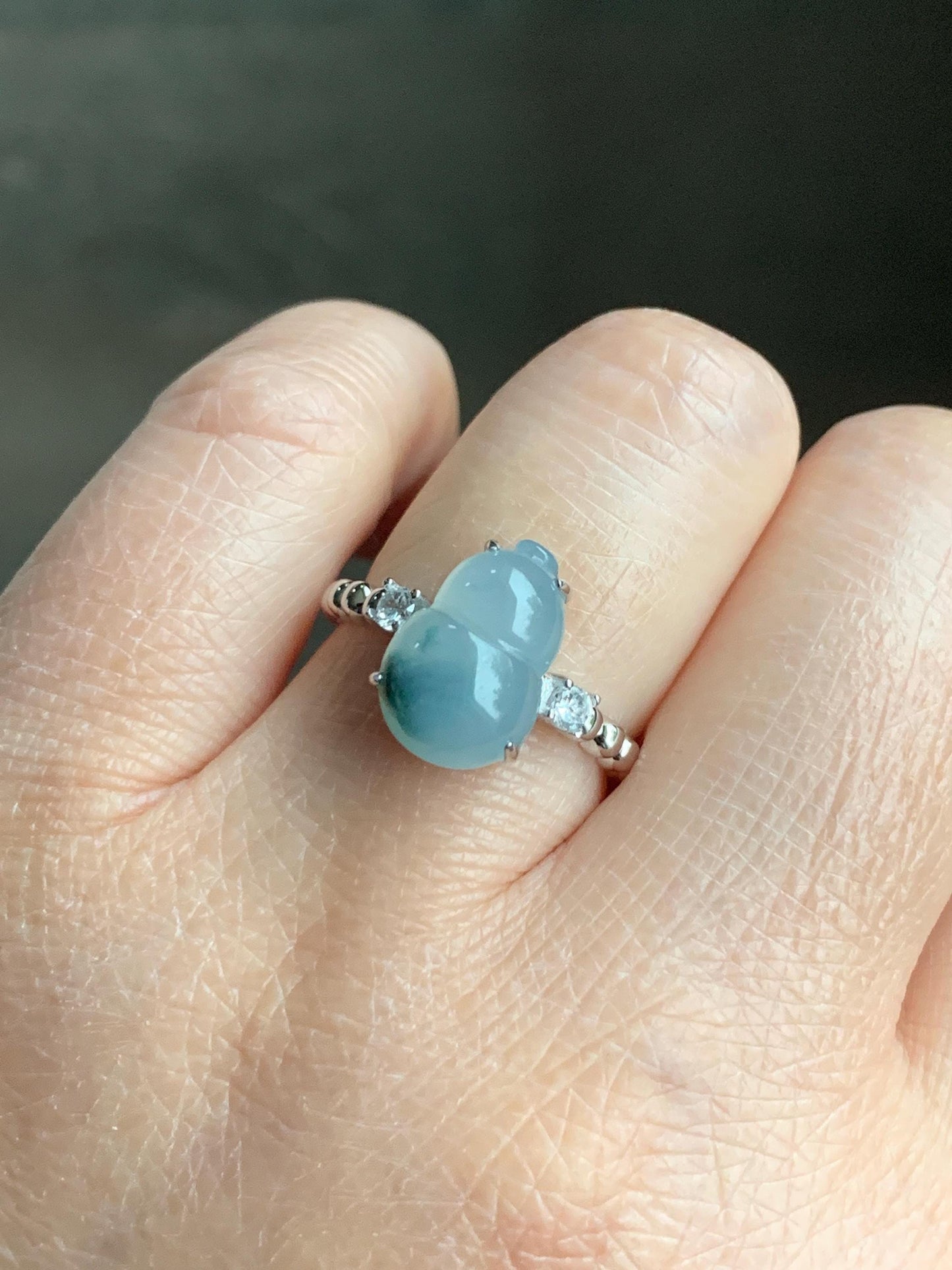 Certified Natural Grade A Icy Translucent Gelatinous Teal Green Marbled Jadeite Gourd Hulu Ring Sterling Silver sz 7.25 天然冰胶蓝花翡翠葫芦镶嵌戒指 1503