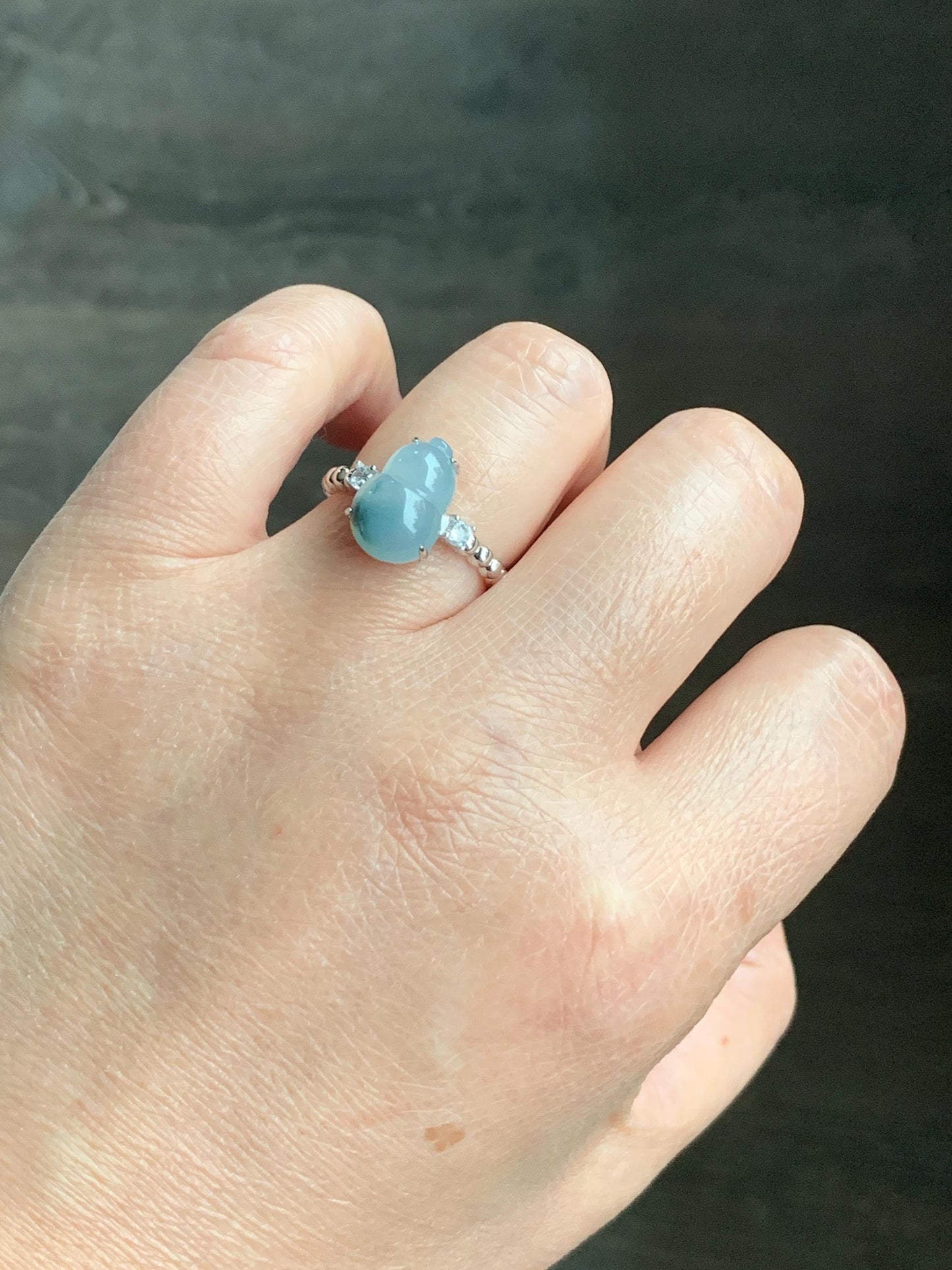 Certified Natural Grade A Icy Translucent Gelatinous Teal Green Marbled Jadeite Gourd Hulu Ring Sterling Silver sz 7.25 天然冰胶蓝花翡翠葫芦镶嵌戒指 1503