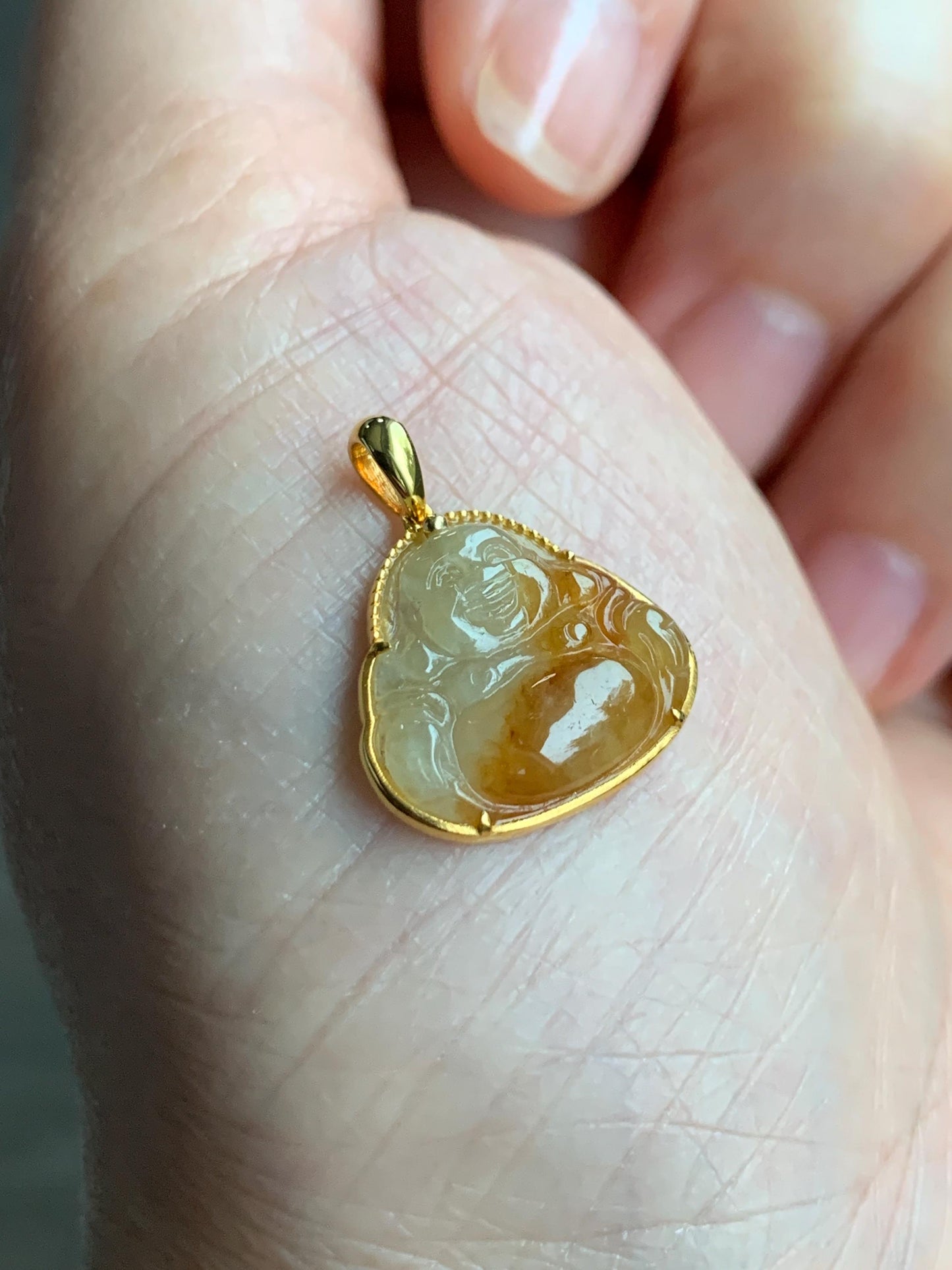 Certified Natural Grade A Icy Highly Translucent Bicolored Yellow Marbled Jadeite Buddha Pendant 14K Yellow Gold 1.5g 天然冰黄翡翠佛公14K镶嵌吊坠 8779