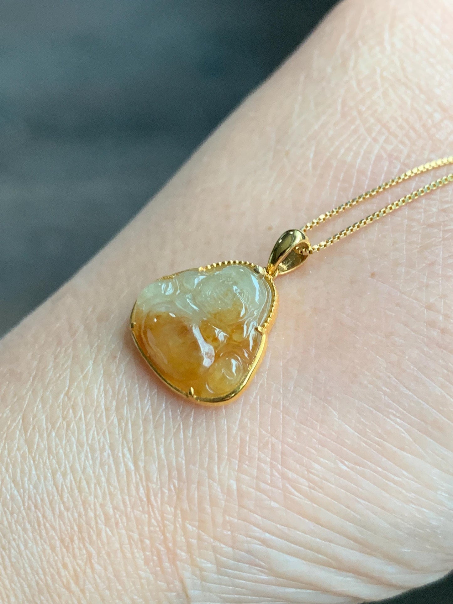 Certified Natural Grade A Icy Highly Translucent Bicolored Yellow Marbled Jadeite Buddha Pendant 14K Yellow Gold 1.5g 天然冰黄翡翠佛公14K镶嵌吊坠 8779