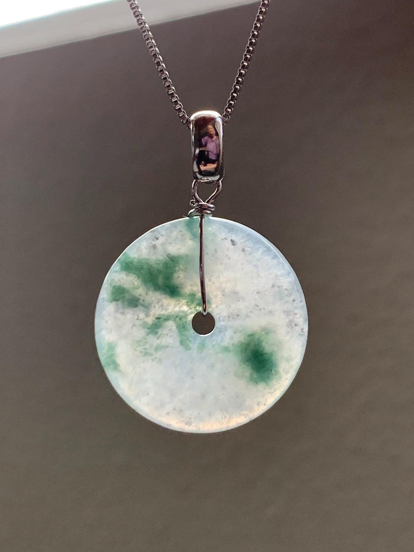 Natural Grade A Icy Highly Translucent Green Marbled Jade Jadeite Ping An Kou Donut Pendant Sterling Silver 4g 天然冰透飘花翡翠平安扣吊坠 MPH168