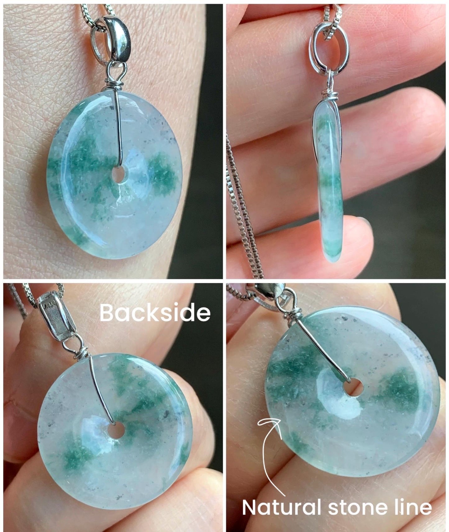 Natural Grade A Icy Highly Translucent Green Marbled Jade Jadeite Ping An Kou Donut Pendant Sterling Silver 4g 天然冰透飘花翡翠平安扣吊坠 MPH168