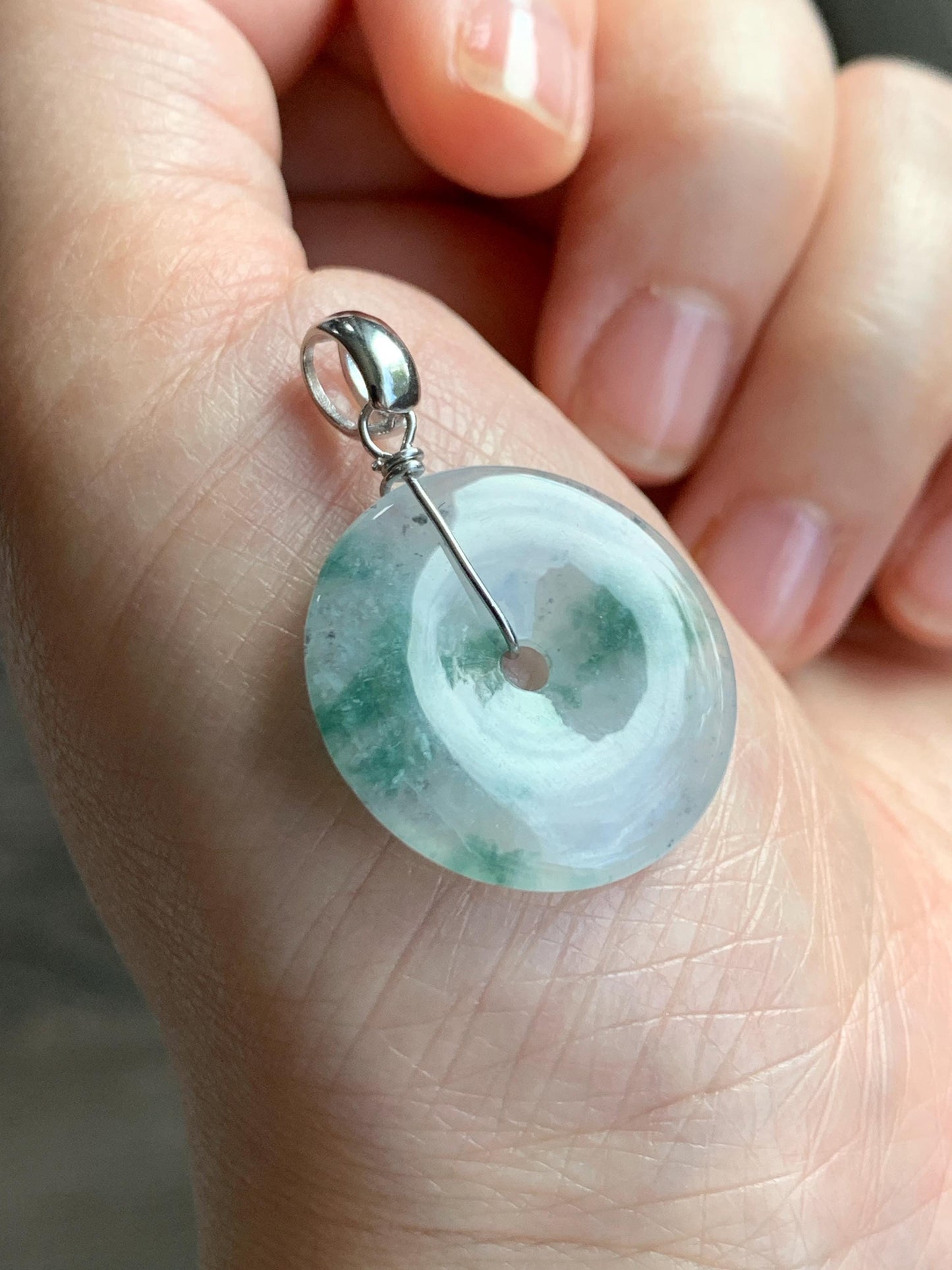 Natural Grade A Icy Highly Translucent Green Marbled Jade Jadeite Ping An Kou Donut Pendant Sterling Silver 4g 天然冰透飘花翡翠平安扣吊坠 MPH168