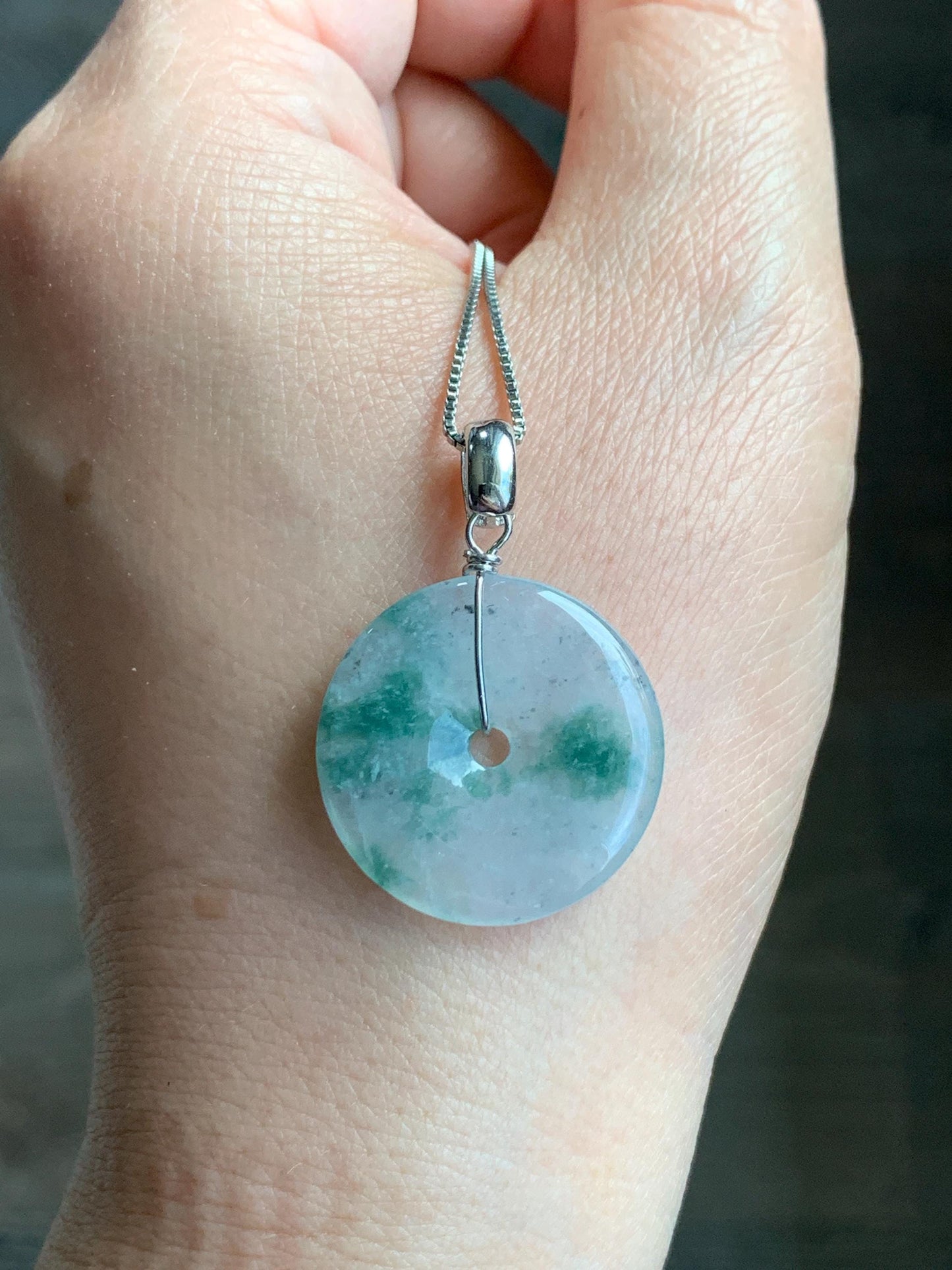 Natural Grade A Icy Highly Translucent Green Marbled Jade Jadeite Ping An Kou Donut Pendant Sterling Silver 4g 天然冰透飘花翡翠平安扣吊坠 MPH168