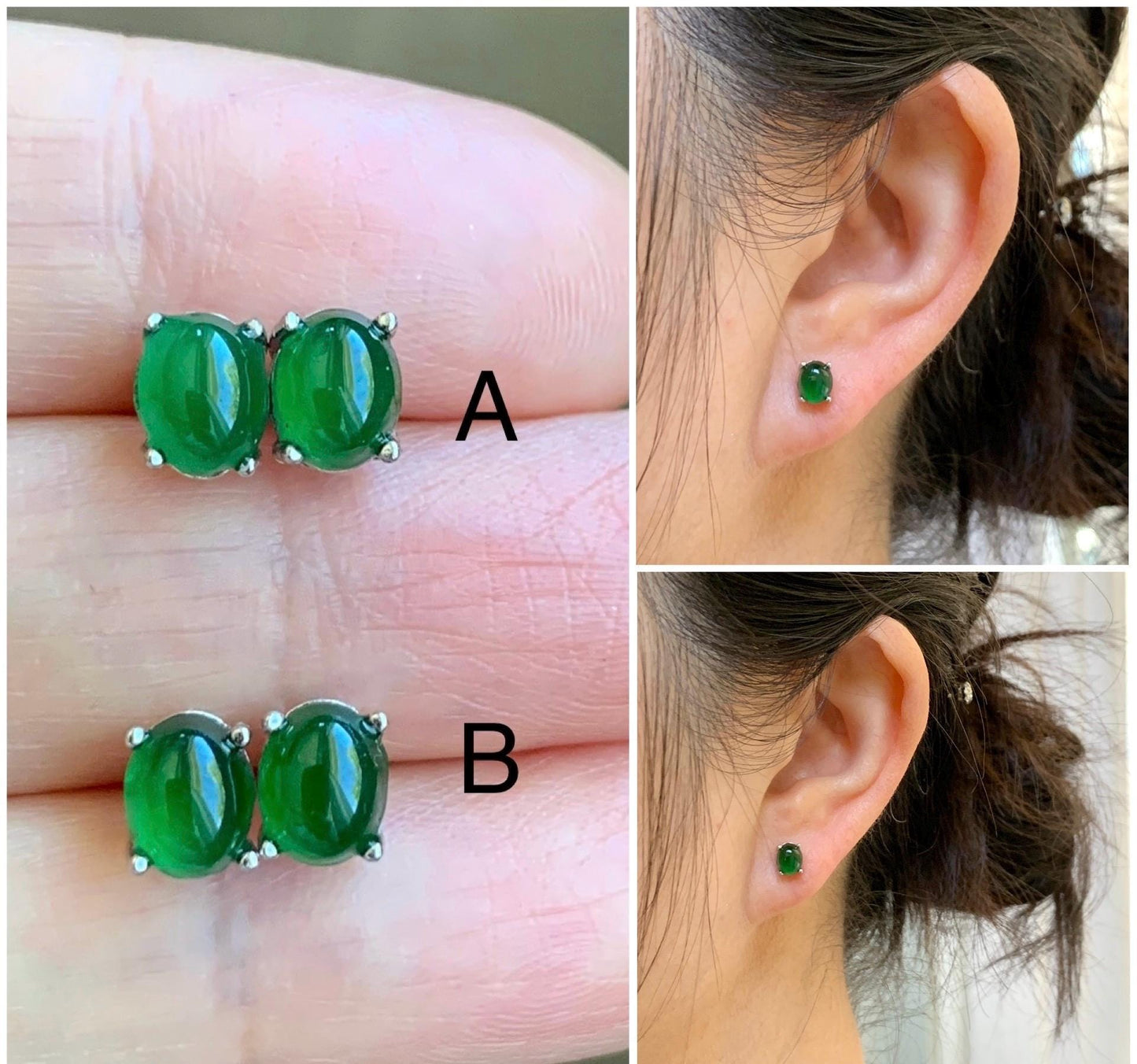 Natural Grade A Guatemalan Icy Translucent Vibrant Green Jade Jadeite Oval Cabochon Stud Earrings Sterling Silver 6x5mm 天然冰危绿翡翠椭圆银镶耳钉 TYW120