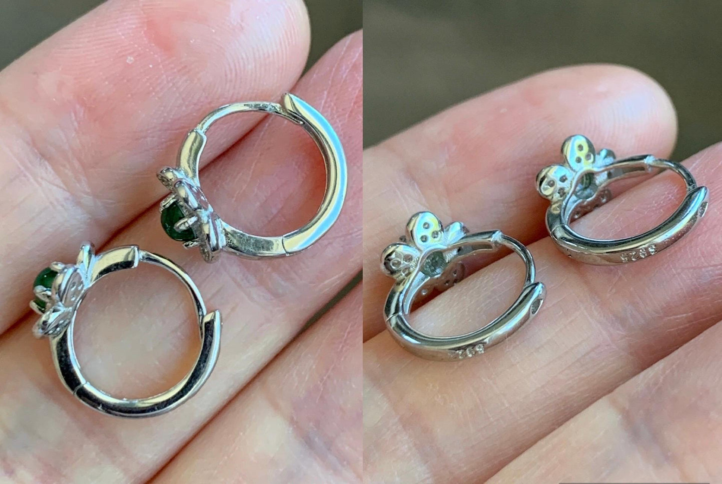 Natural Grade A Guatemalan Icy Translucent Vibrant Green Jade Jadeite Cherry Blossom Hoop Huggie Earrings Sterling Silver 天然冰危绿翡翠梅花款耳包 ZMH68