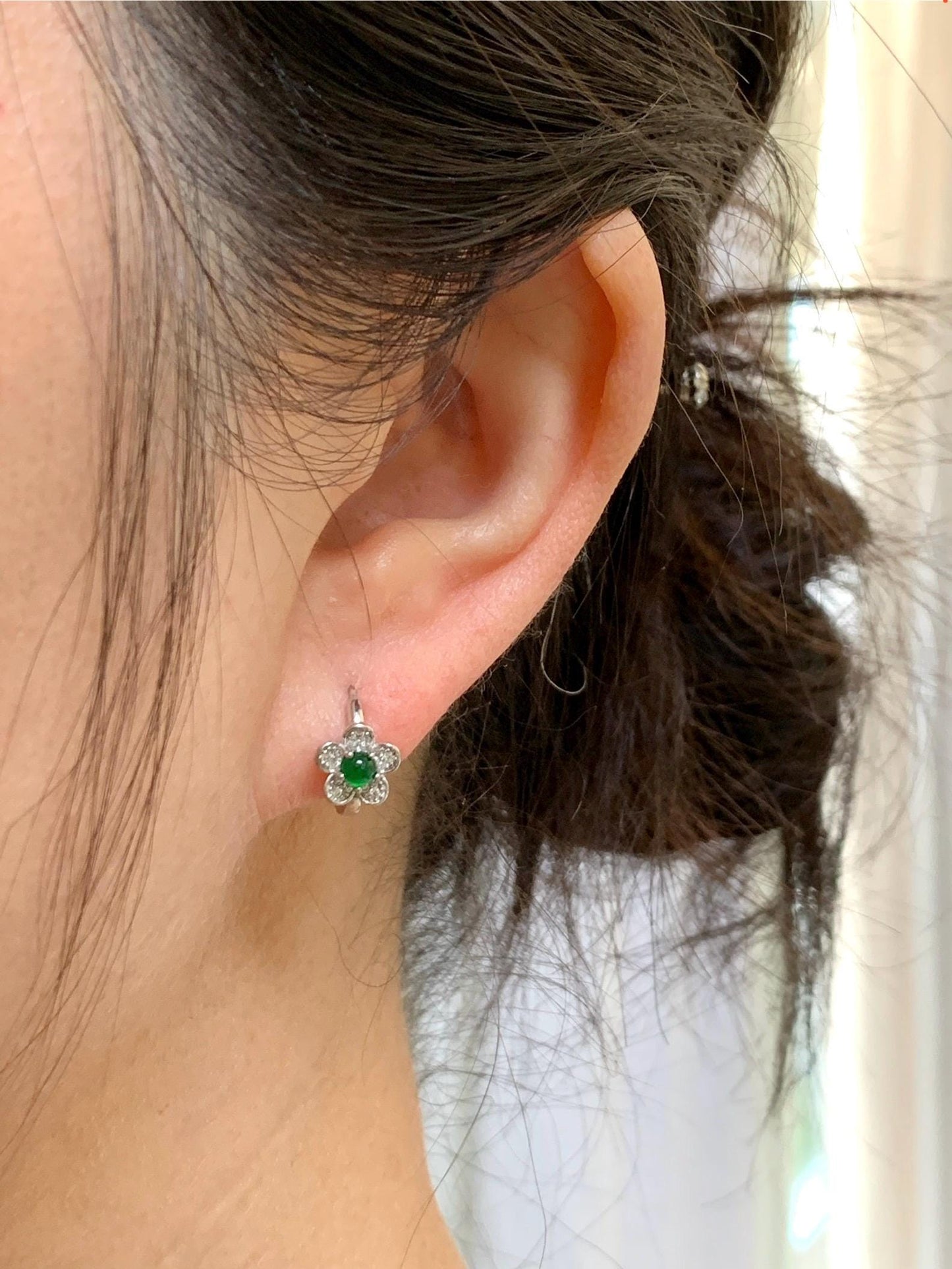 Natural Grade A Guatemalan Icy Translucent Vibrant Green Jade Jadeite Cherry Blossom Hoop Huggie Earrings Sterling Silver 天然冰危绿翡翠梅花款耳包 ZMH68