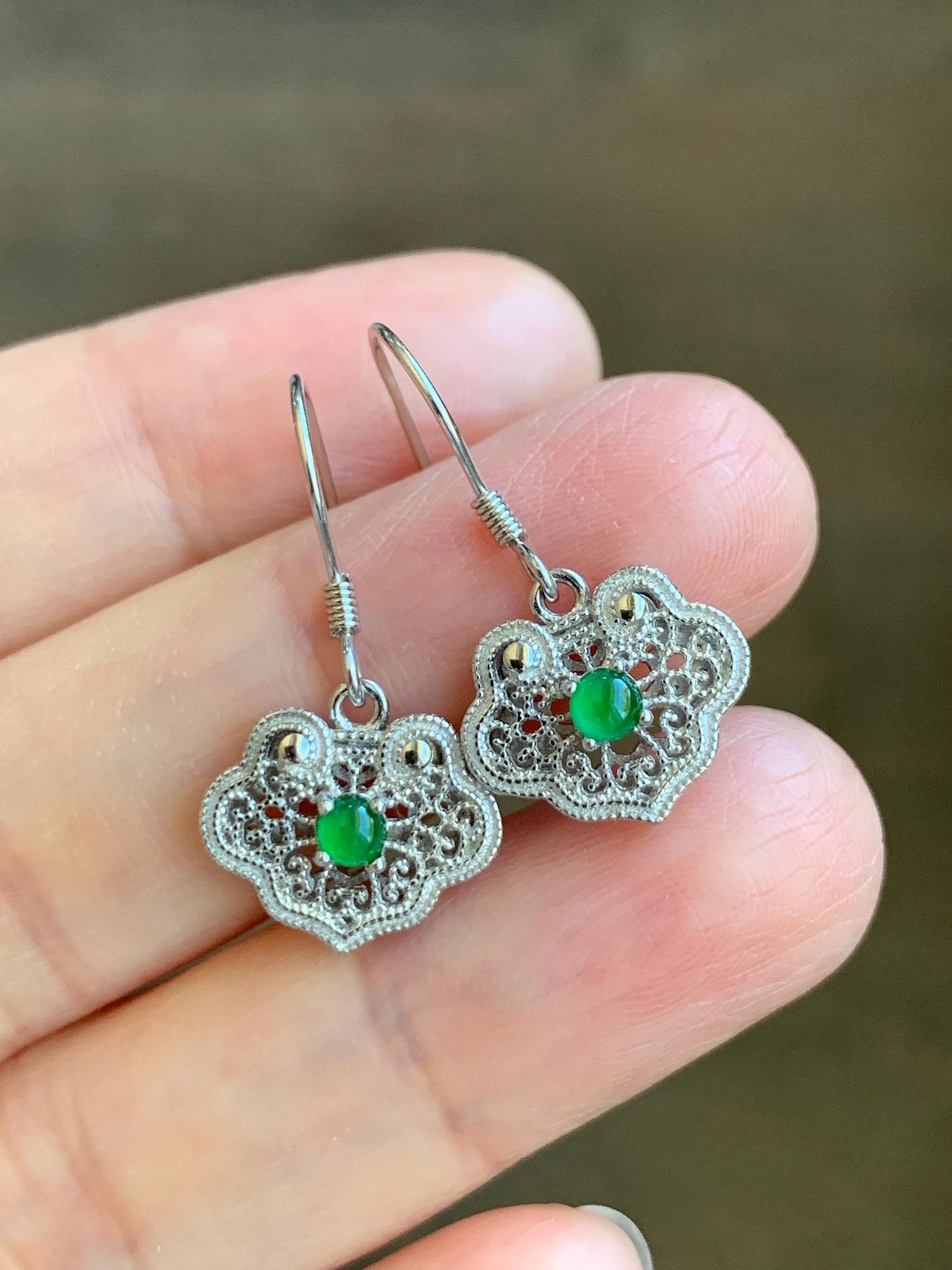 Natural Grade A Guatemalan Icy Translucent Vibrant Green Jade Jadeite Ruyi Dangle Earrings Sterling Silver 天然冰危绿翡翠蛋面如意银镶耳钩 LRY59
