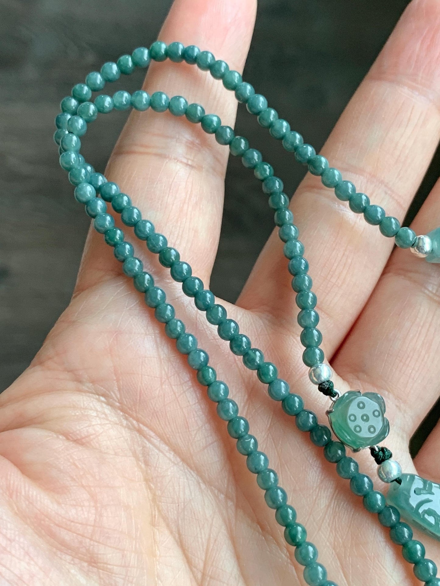 Natural Icy Translucent Teal Marbled Jadeite Openwork Engraved Crescent Moon Pendant Sterling Silver Beaded Necklace 天然冰胶蓝飘花翡翠玉横圆珠项链 MLLH823