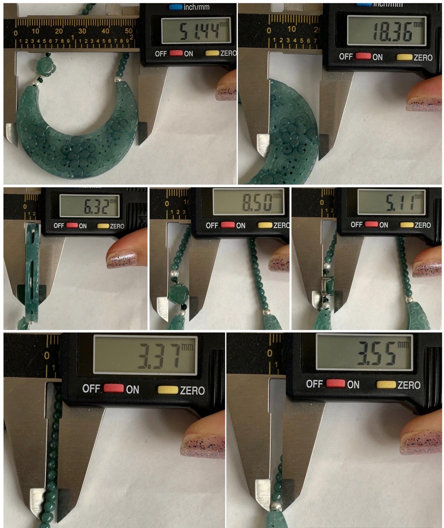 Natural Icy Translucent Teal Marbled Jadeite Openwork Engraved Crescent Moon Pendant Sterling Silver Beaded Necklace 天然冰胶蓝飘花翡翠玉横圆珠项链 MLLH823