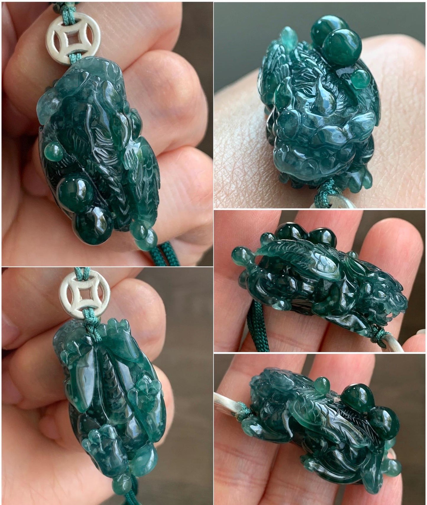 Natural Grade A Guatemalan Icy Translucent Dark Teal Green Jadeite Pixiu w/ Wings Pendant Rope Necklace 26" 20g 天然老种冰危深蓝绿翡翠飞天貔貅吊坠 FTP288