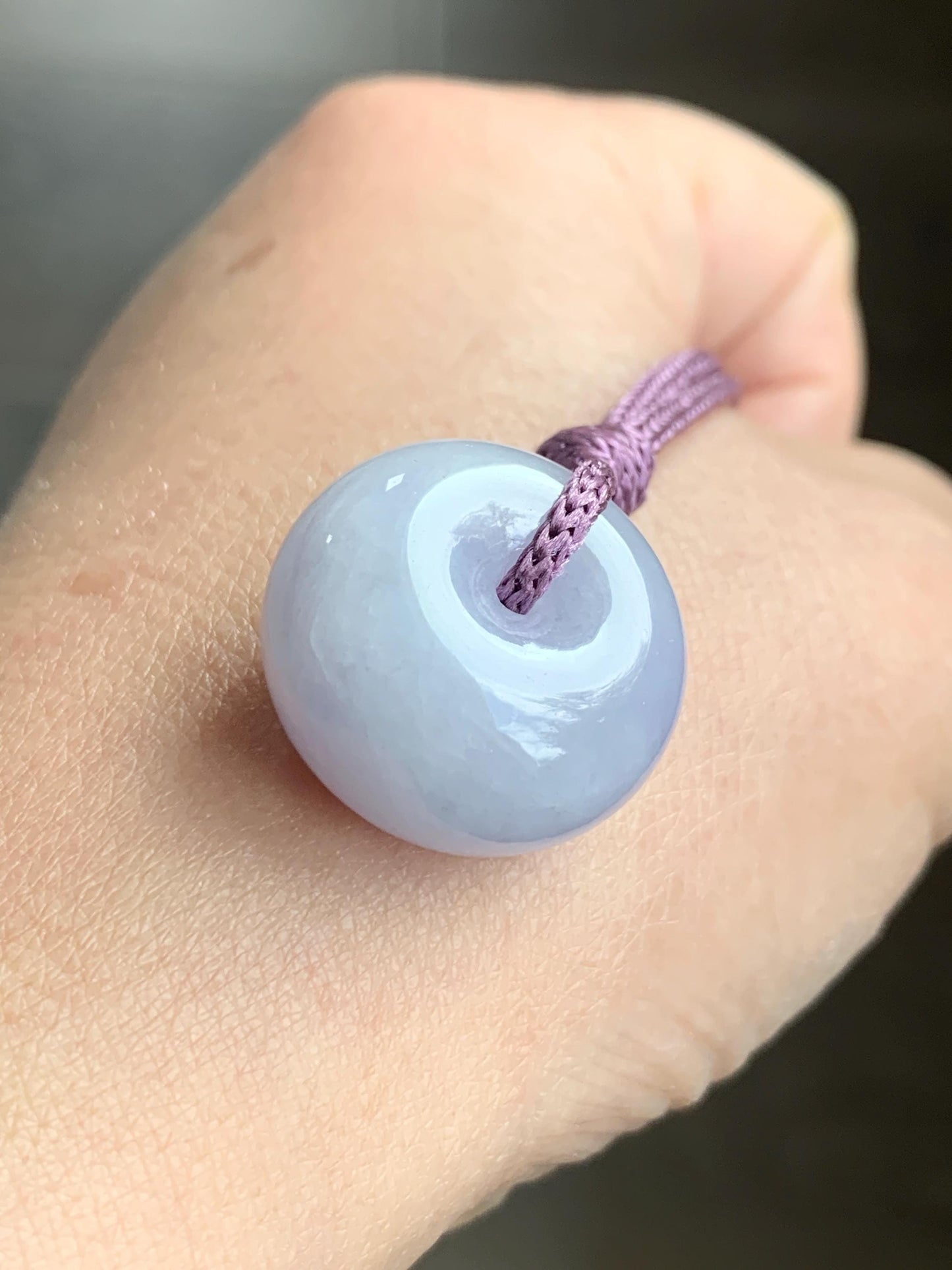Certified Natural Grade A Icy Translucent Light Purple Jadeite Ping An Kou Thick Donut Pendant Rope Necklace 25” 12g 天然冰紫翡翠厚平安扣吊坠 1511