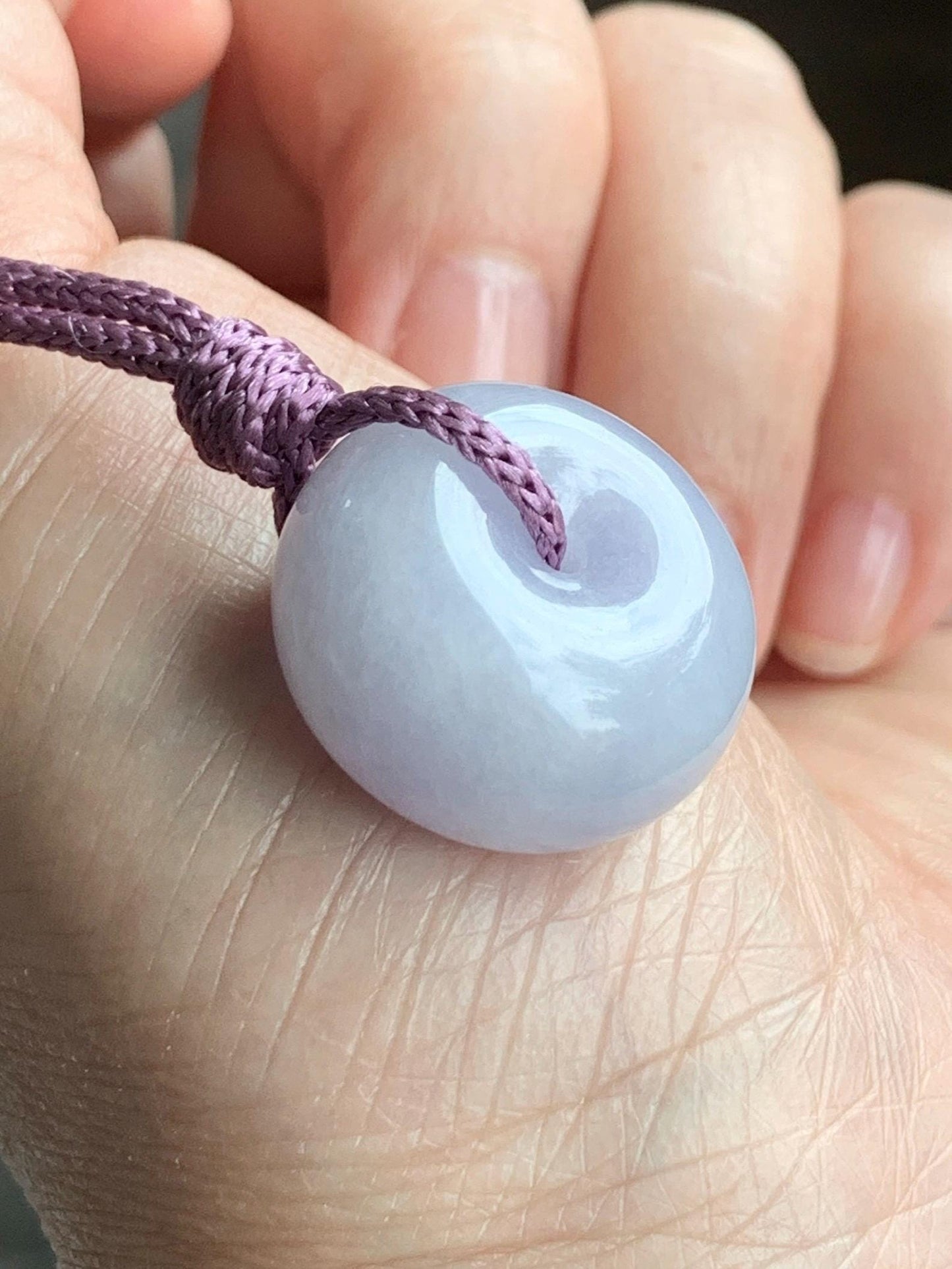 Certified Natural Grade A Icy Translucent Light Purple Jadeite Ping An Kou Thick Donut Pendant Rope Necklace 25” 12g 天然冰紫翡翠厚平安扣吊坠 1511