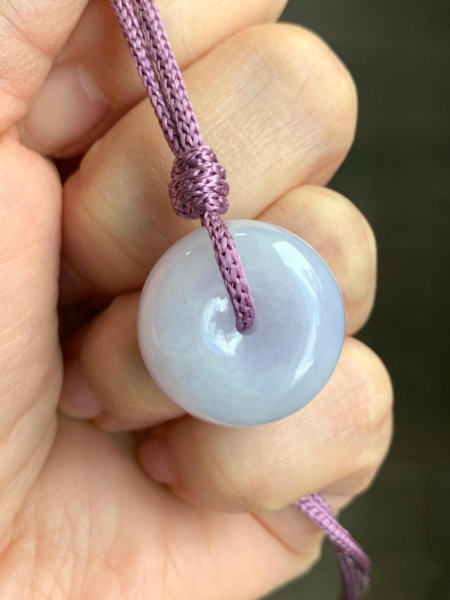 Certified Natural Grade A Icy Translucent Light Purple Jadeite Ping An Kou Thick Donut Pendant Rope Necklace 25” 12g 天然冰紫翡翠厚平安扣吊坠 1511