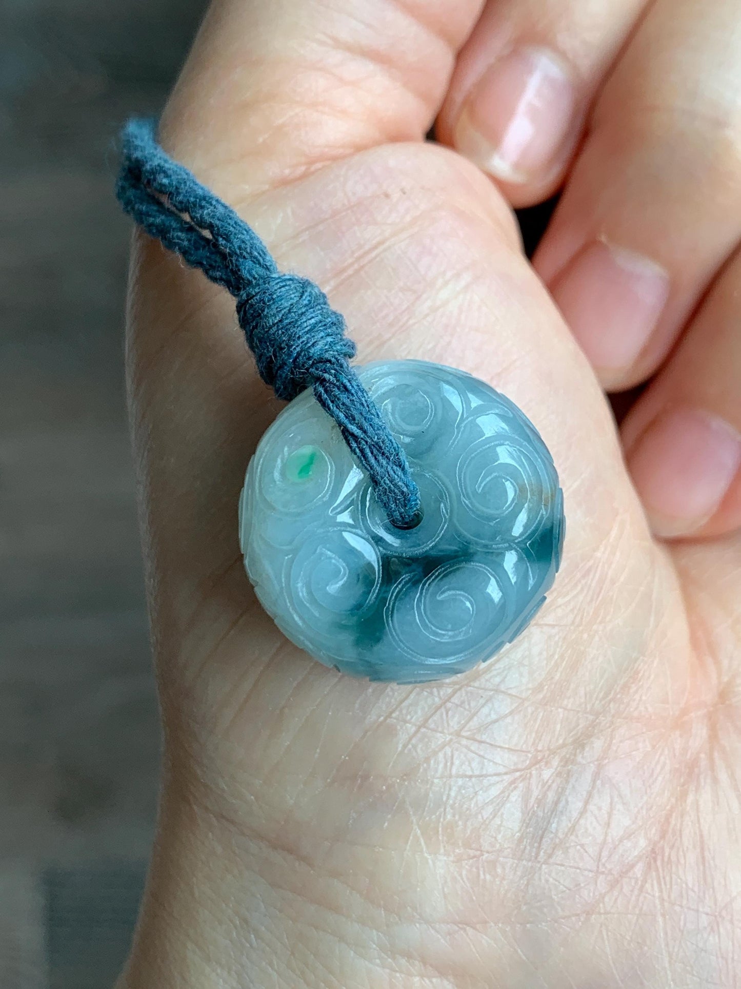 Natural Icy Translucent Pastel Blue Dark Blue Marbled Jadeite Engraved Ping An Kou Donut Pendant Rope Necklace 24” 13g 天然淡蓝飘花翡翠仿古雕平安扣吊坠 A