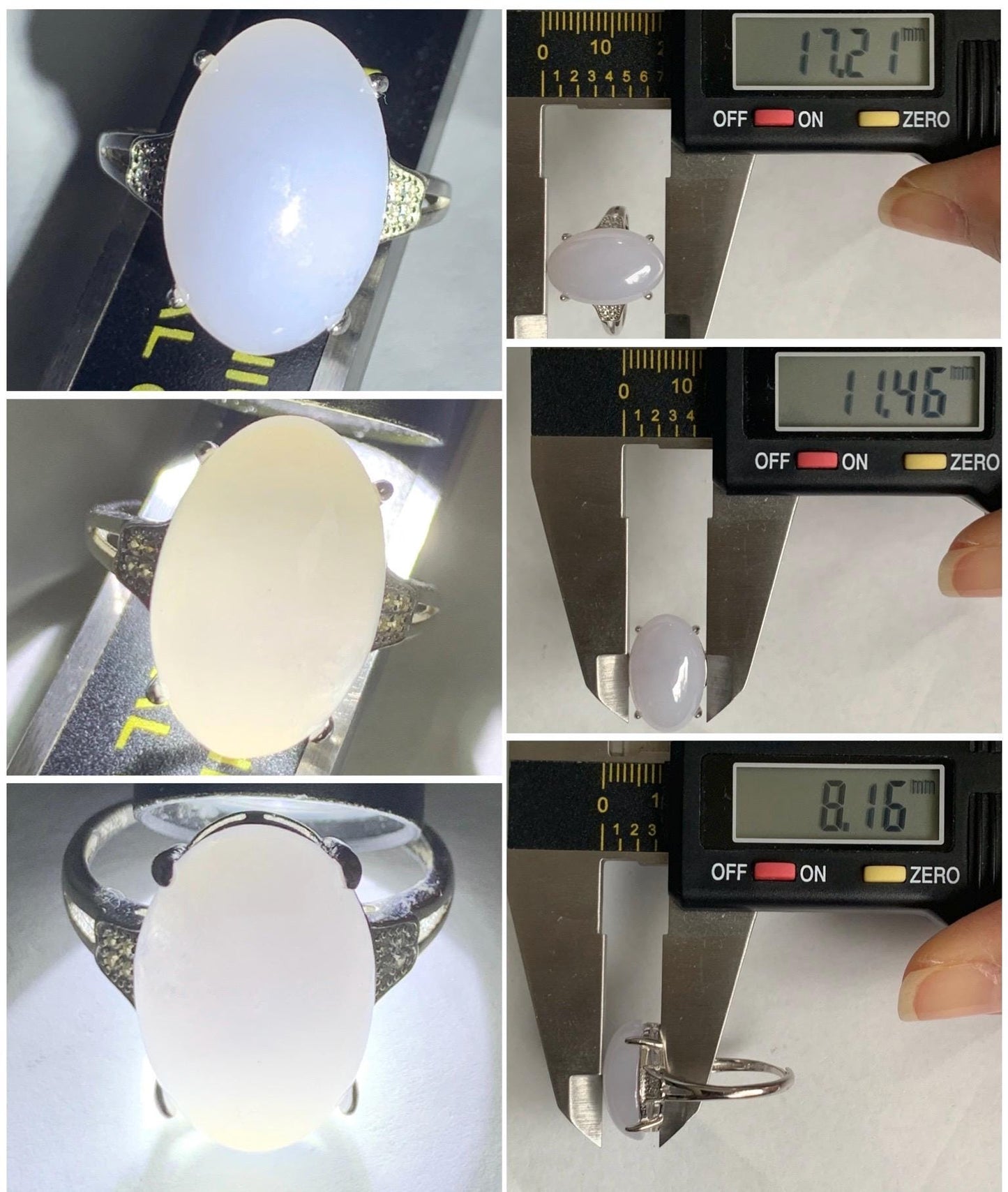 Natural Grade A Icy Translucent Pastel Purple Undertone Jadeite Oval Cabochon Ring Sterling Silver Size Adjustable 天然冰淡紫底翡翠大蛋面银镶戒指 DDZ-A