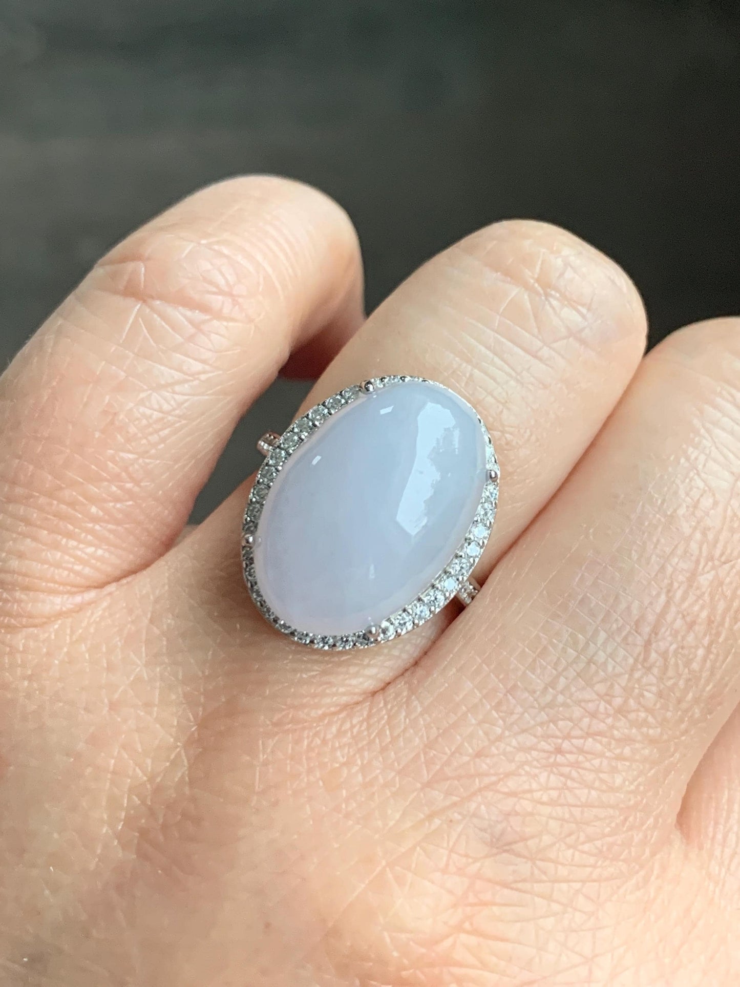 Natural Grade A Icy Translucent Pastel Purple Undertone Jadeite Oval Cabochon Ring Sterling Silver Size Adjustable 天然冰淡紫底翡翠大蛋面银镶戒指 DDZ-B
