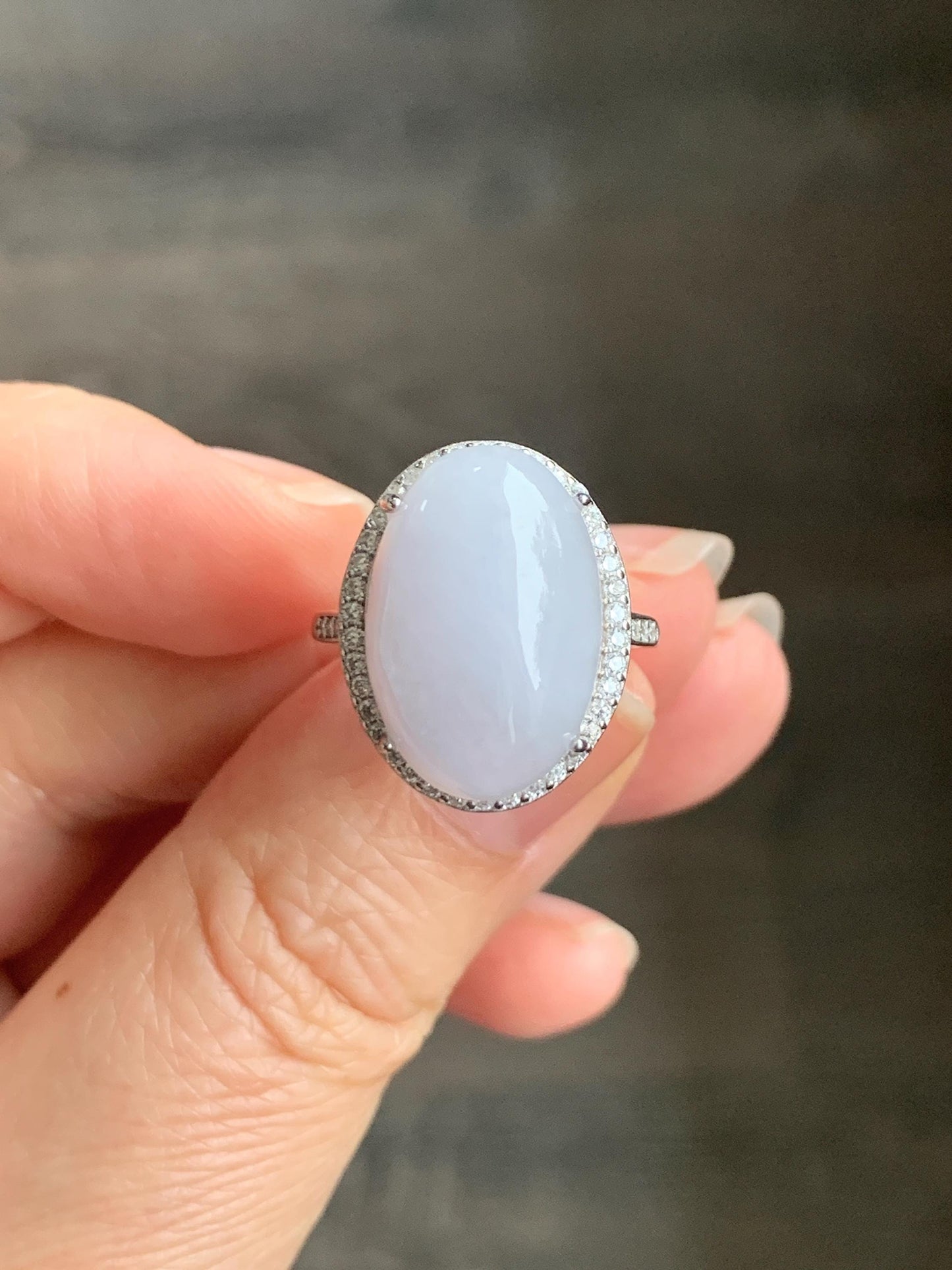 Natural Grade A Icy Translucent Pastel Purple Undertone Jadeite Oval Cabochon Ring Sterling Silver Size Adjustable 天然冰淡紫底翡翠大蛋面银镶戒指 DDZ-B