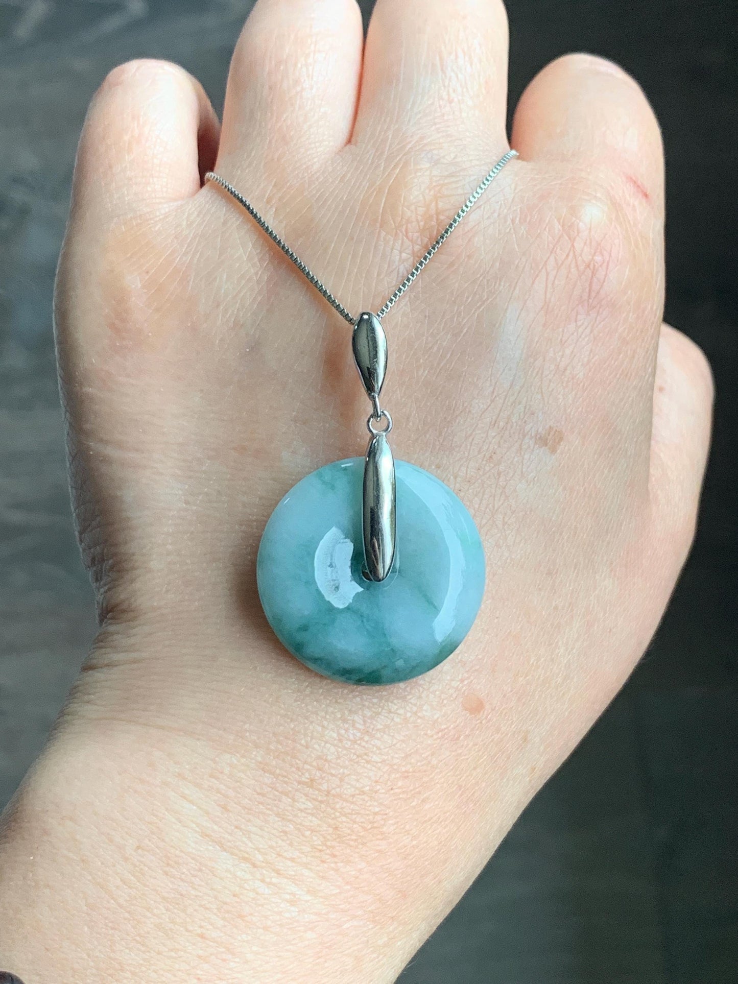 Natural Grade A Icy Translucent Teal Blue Marbled Jadeite Ping An Kou Donut Pendant Sterling Silver Bail 10g 天然糯冰飘花翡翠平安扣吊坠 MPK-2