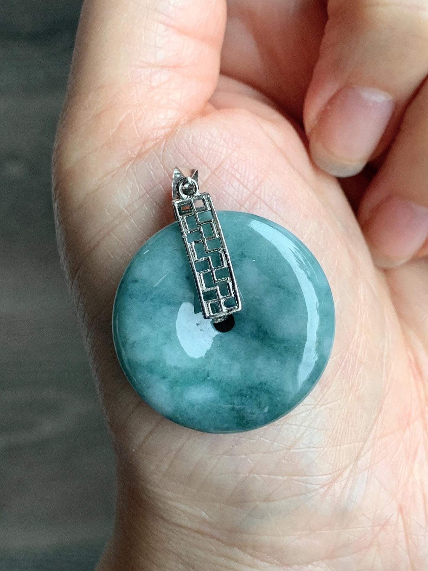 Natural Grade A Icy Translucent Teal Blue Marbled Jadeite Ping An Kou Donut Pendant Sterling Silver Bail 9g 天然糯冰飘花翡翠平安扣吊坠 MPK-3