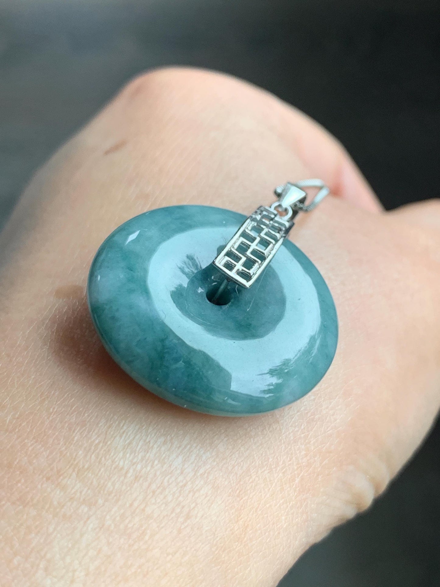 Natural Grade A Icy Translucent Teal Blue Marbled Jadeite Ping An Kou Donut Pendant Sterling Silver Bail 9g 天然糯冰飘花翡翠平安扣吊坠 MPK-3