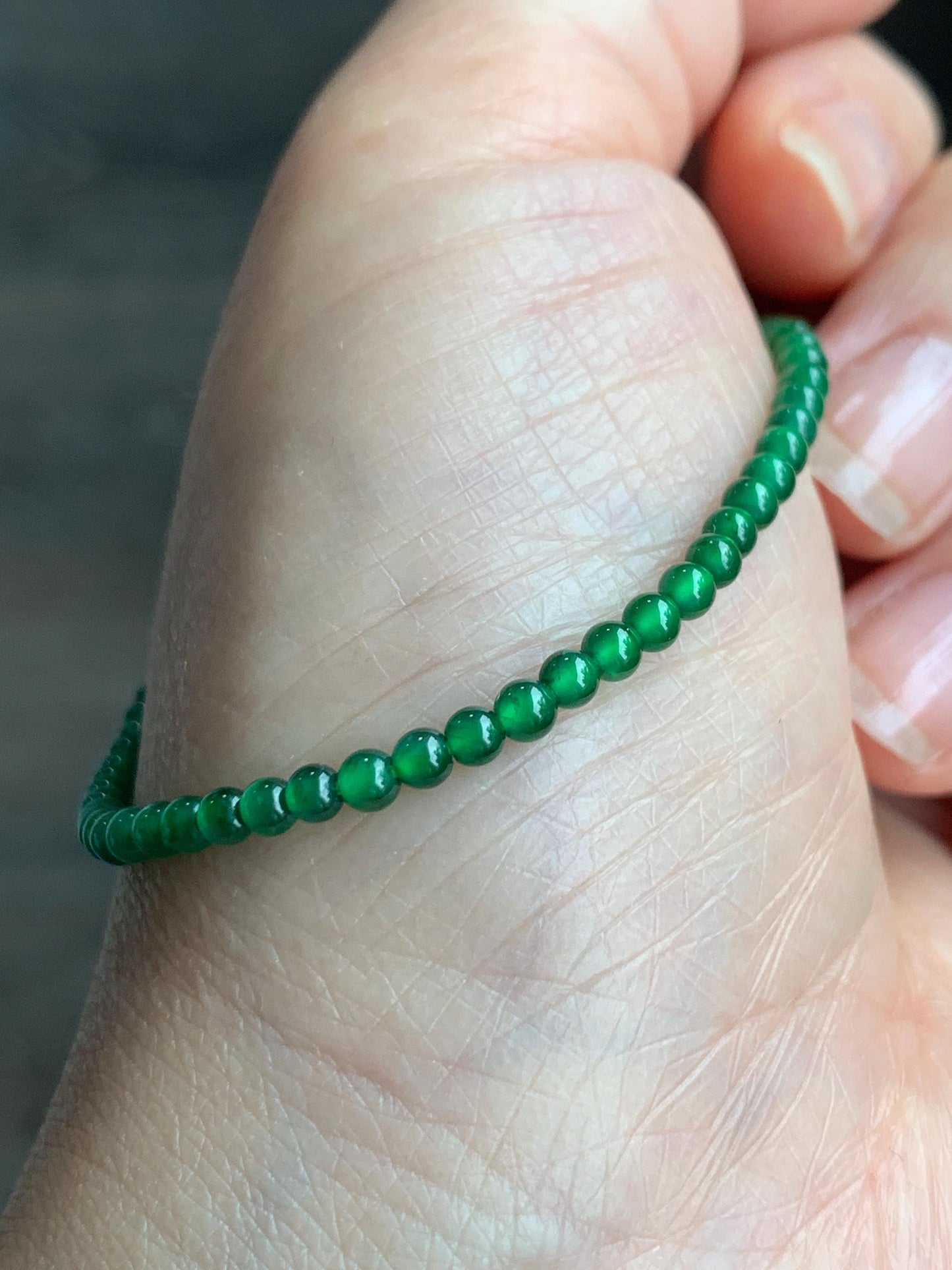 Natural Grade A Guatemalan Icy Translucent Vibrant Green Jadeite Petite Beaded Bracelet 18K Yellow Gold 6.75” 2.9mm 天然高冰危绿翡翠小卡圆珠手串 KJL350