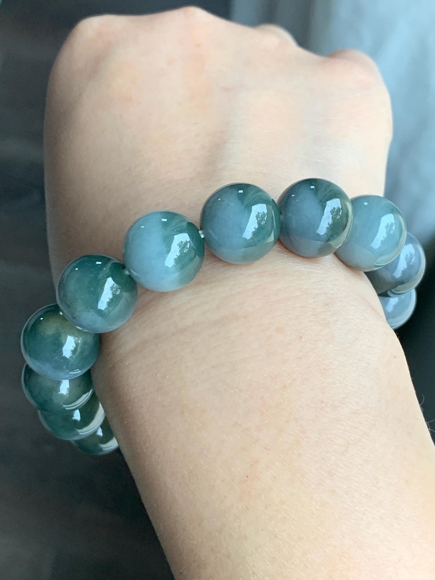 Large Natural Grade A Icy Translucent Bi-Colored Jade Jadeite Mala Beaded Bracelet Stretchy 14mm 8.5” 81g 天然灰蓝深绿鸳鸯双色翡翠大卡手串 YYD416
