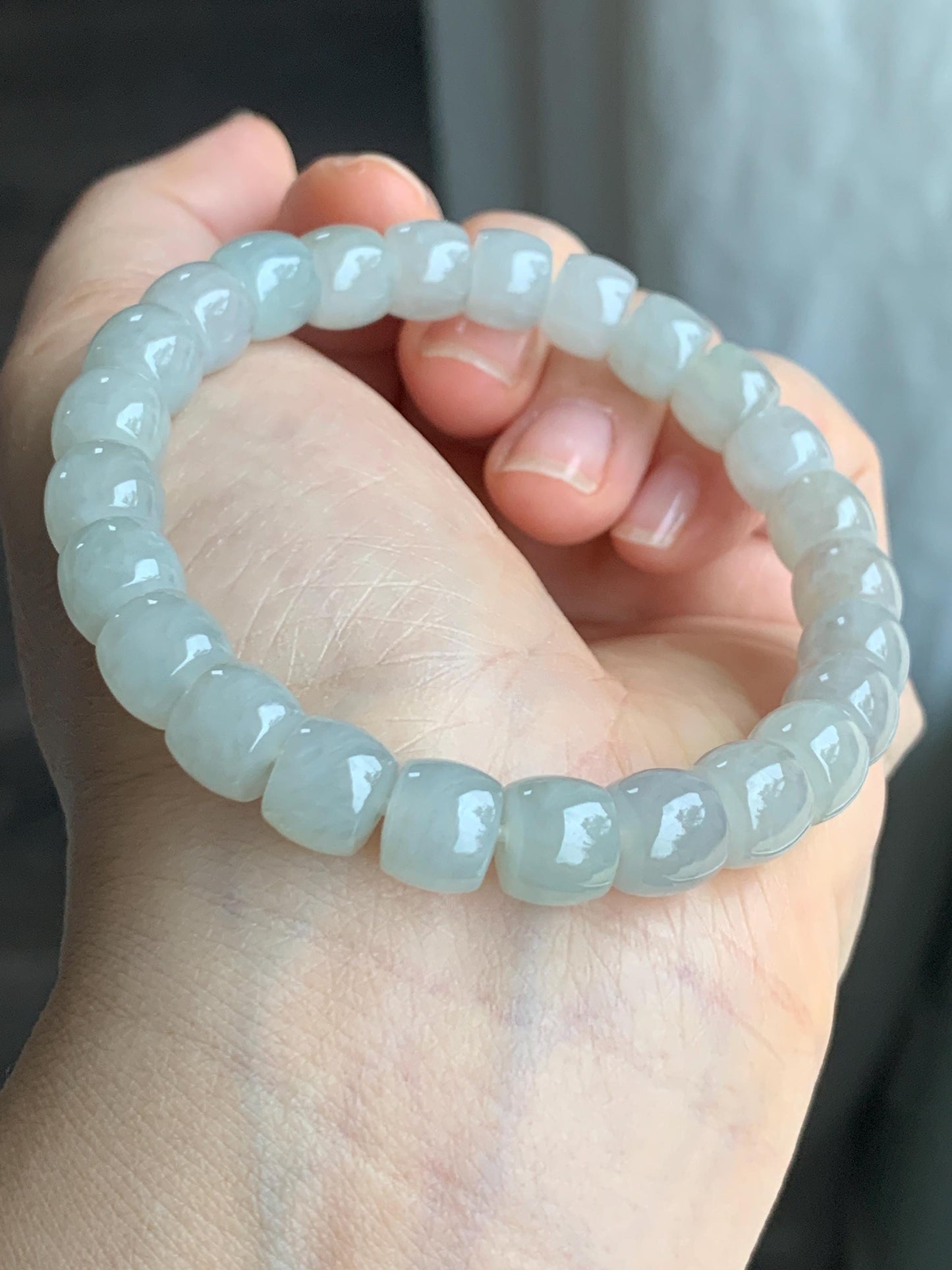 Natural Grade A Icy Translucent Gelatinous Light Beige Jade Jadeite Large Drum Beads Beaded Bracelet Stretchy 7.5" 31g 天然冰胶藕粉翡翠鼓珠手串 BOF416