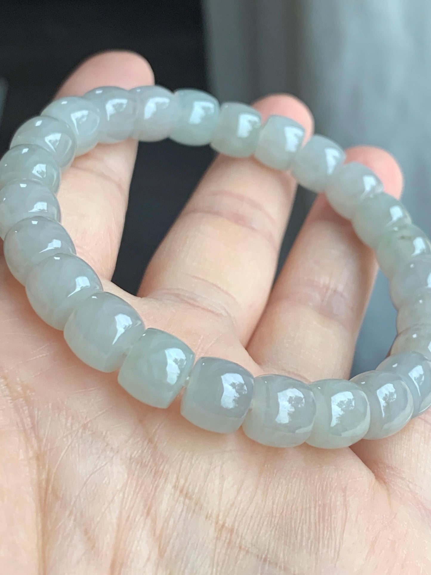 Natural Grade A Icy Translucent Gelatinous Light Beige Jade Jadeite Large Drum Beads Beaded Bracelet Stretchy 7.5" 31g 天然冰胶藕粉翡翠鼓珠手串 BOF416