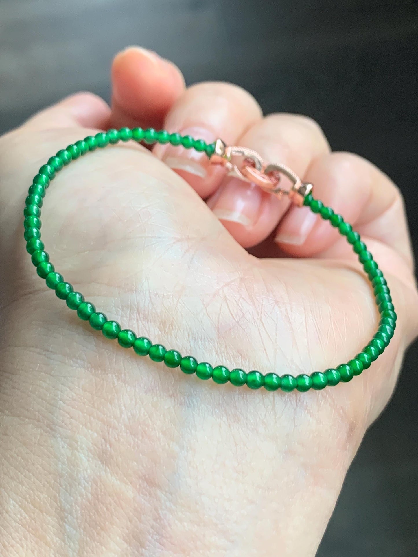 Natural Grade A Guatemalan Icy Highly Translucent Vibrant Green Jadeite Petite Beads Beaded Bracelet 7” 2.7mm 3g 天然高冰危绿翡翠小卡圆珠手串 KJ500