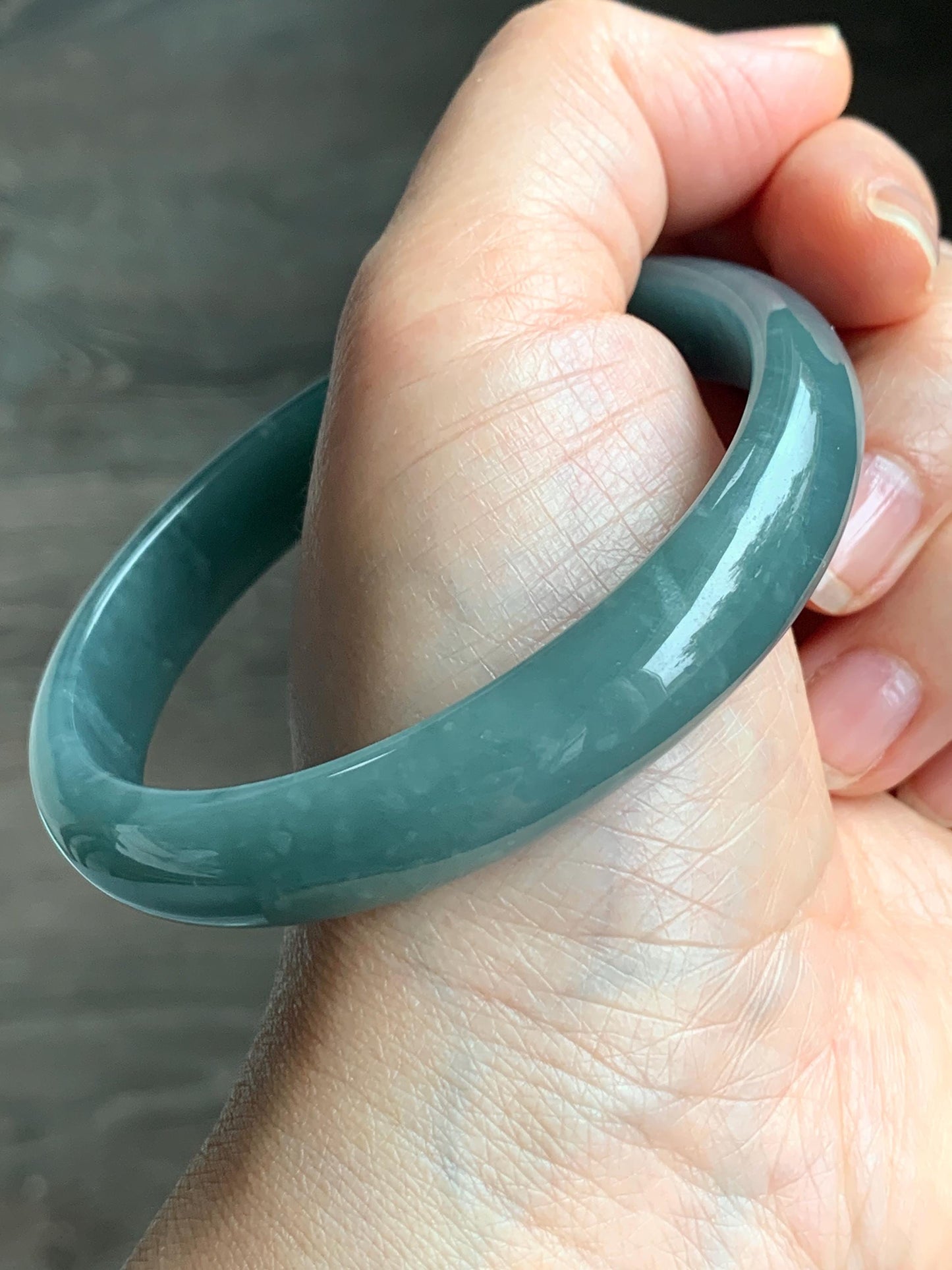 Certified Natural Guatemalan Translucent Dusty Teal Blue Jadeite Wide Bangle Bracelet 61.64mm 11.8x6.6mm 45g 7.5" 天然危蓝糯水翡翠正圈轮胎手镯 1520