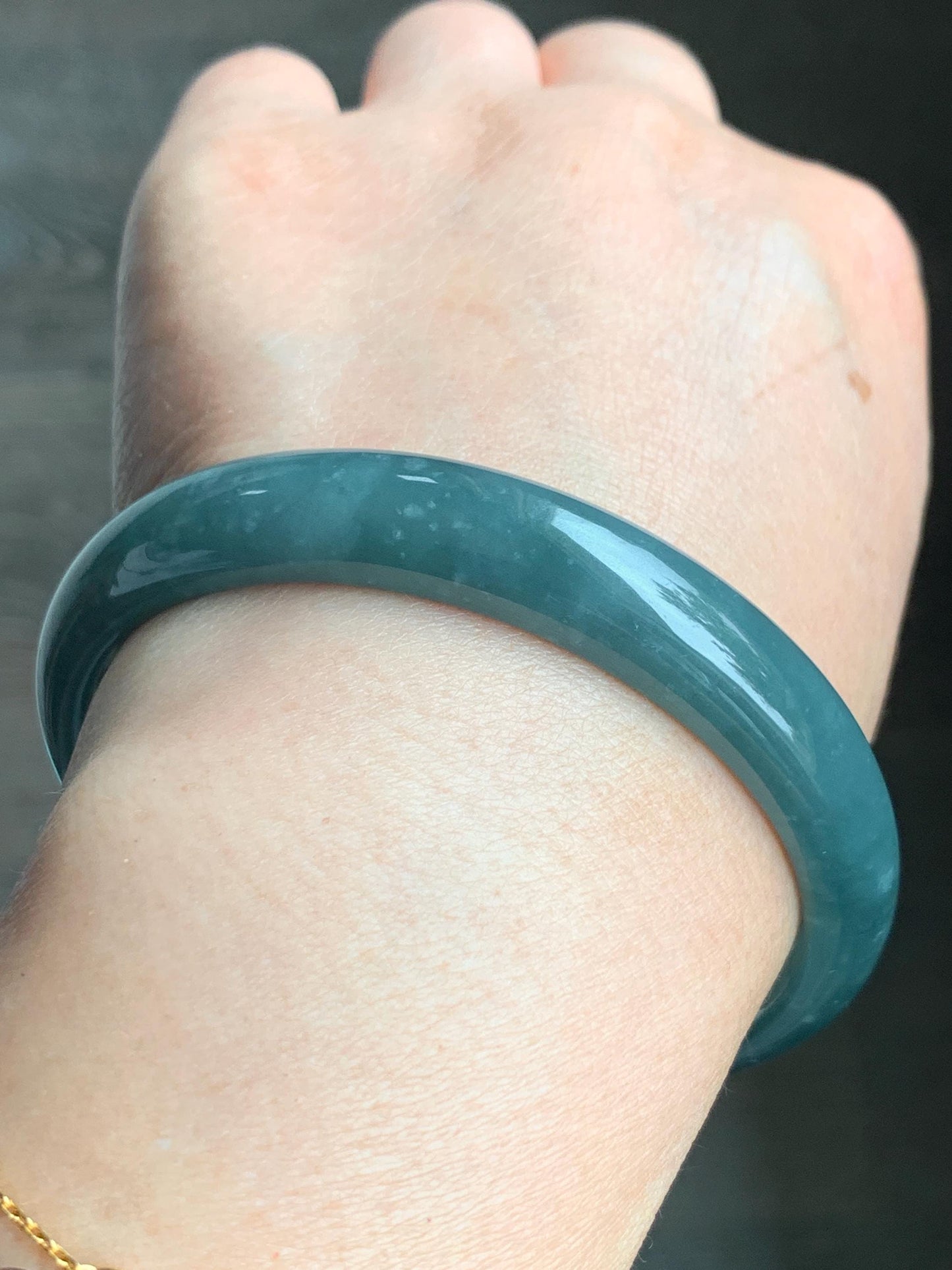 Certified Natural Guatemalan Translucent Dusty Teal Blue Jadeite Wide Bangle Bracelet 61.64mm 11.8x6.6mm 45g 7.5" 天然危蓝糯水翡翠正圈轮胎手镯 1520