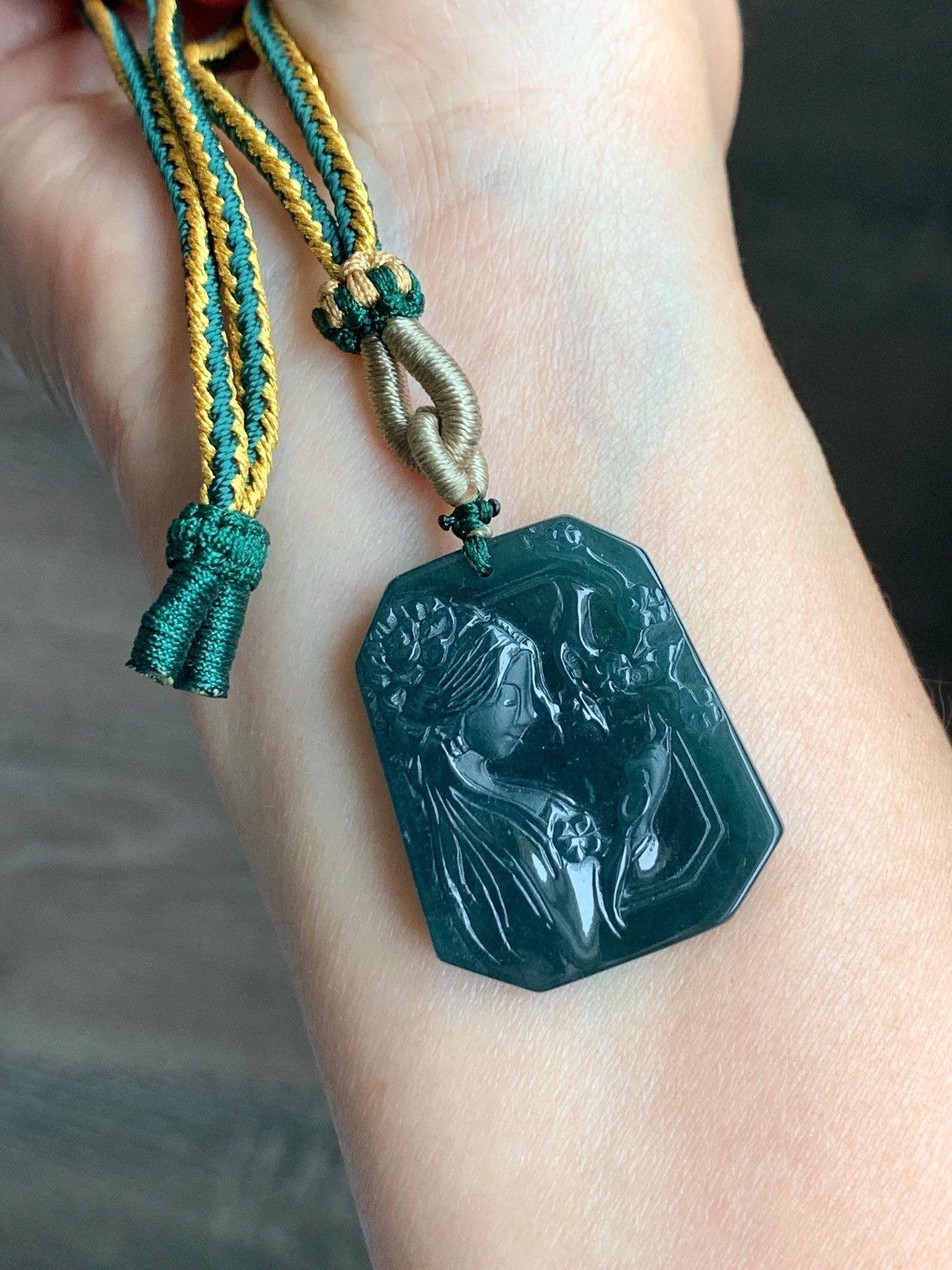 Natural Guatemalan Grade A Icy Translucent Dark Teal Green Jadeite Carved Beauty Pendant Rope Necklace Adjustable 25” 14g 天然冰危深蓝绿翡翠小美女吊坠挂件