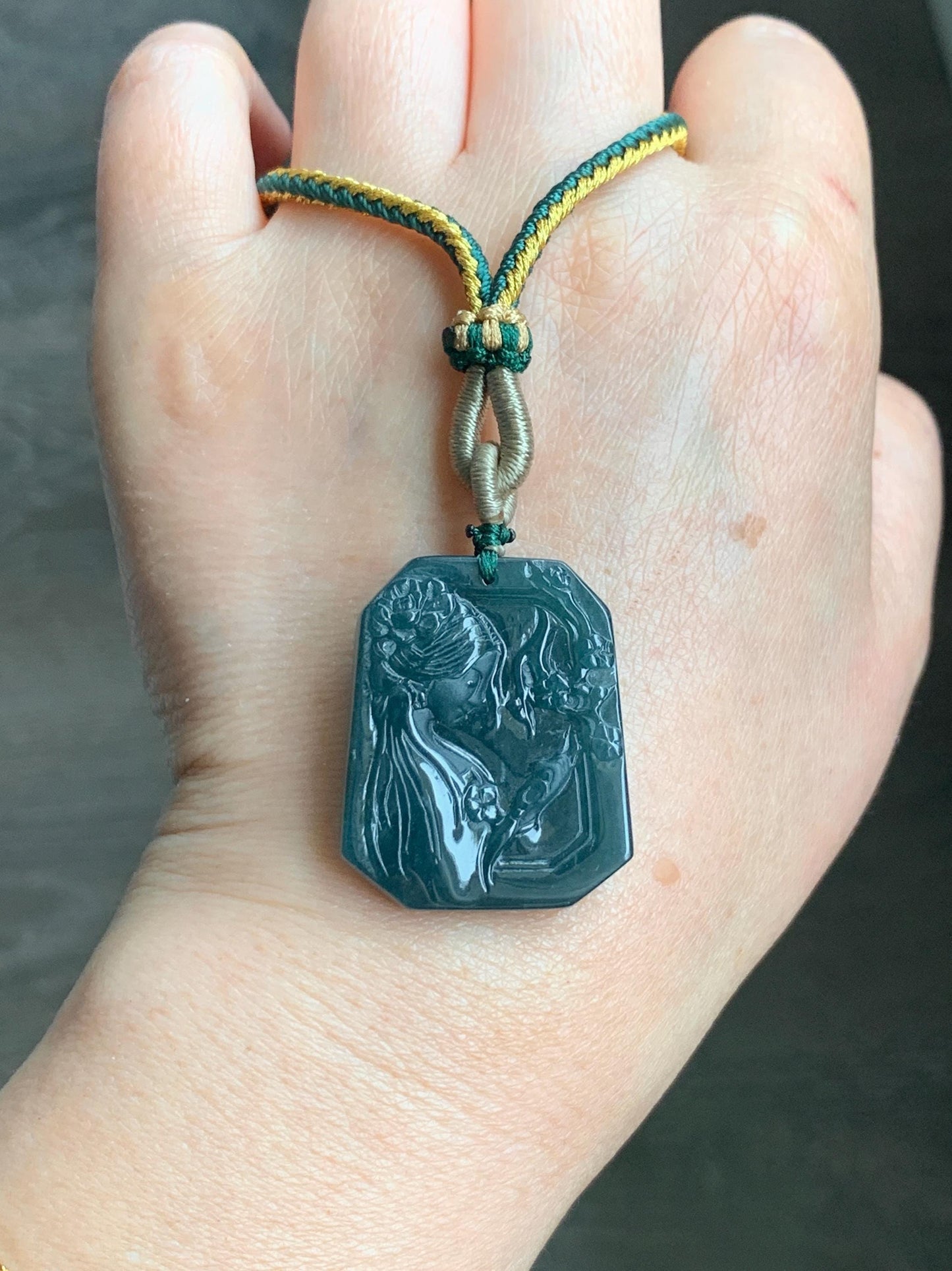 Natural Guatemalan Grade A Icy Translucent Dark Teal Green Jadeite Carved Beauty Pendant Rope Necklace Adjustable 25” 14g 天然冰危深蓝绿翡翠小美女吊坠挂件