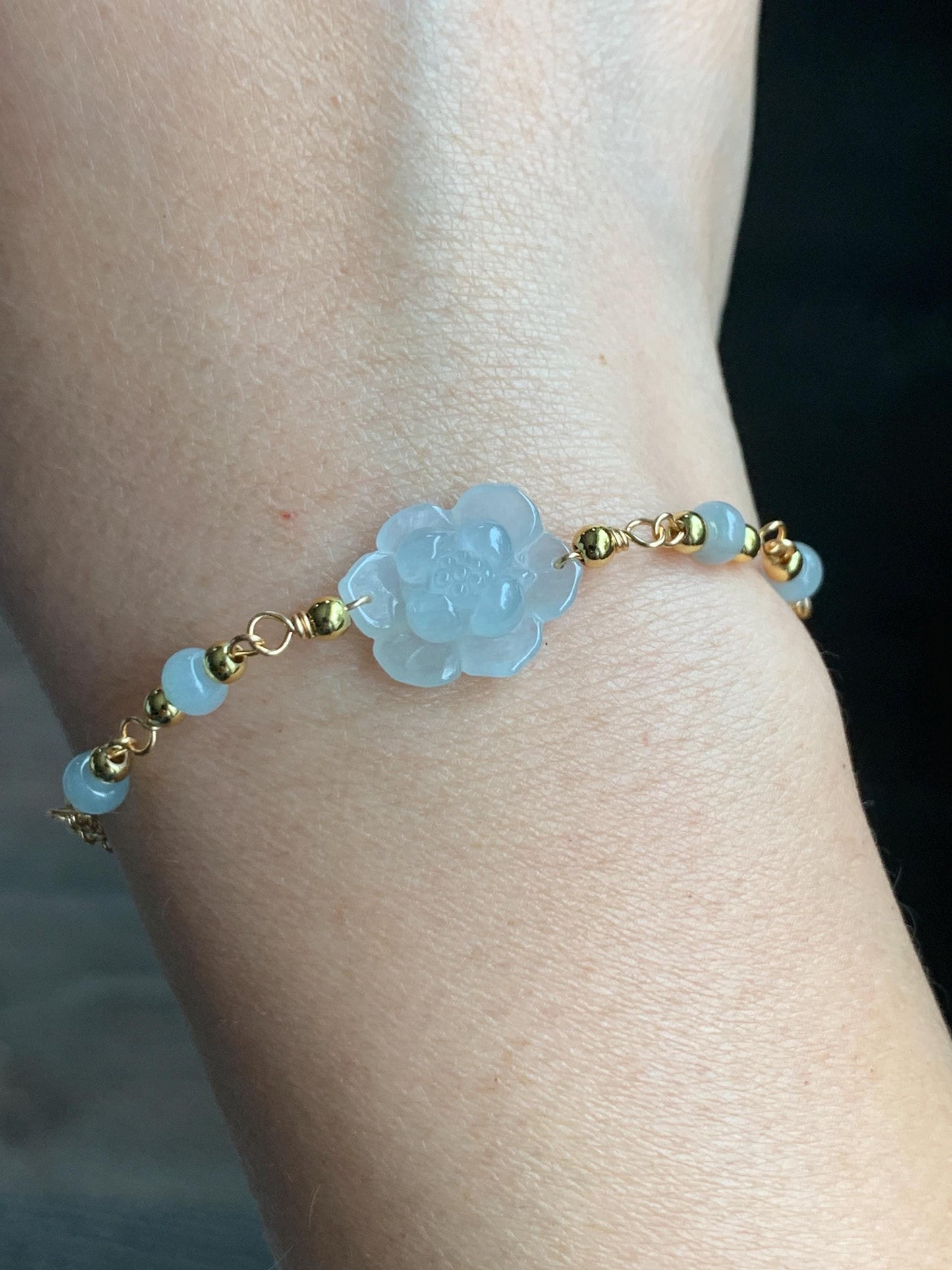 Natural Grade A Icy Translucent Pastel Green Jadeite Lotus Flower Chain Bracelet 14K Gold Filled Magnetic Clasp 6.5” 天然冰晴底翡翠莲花14K包金手链 BJH-B