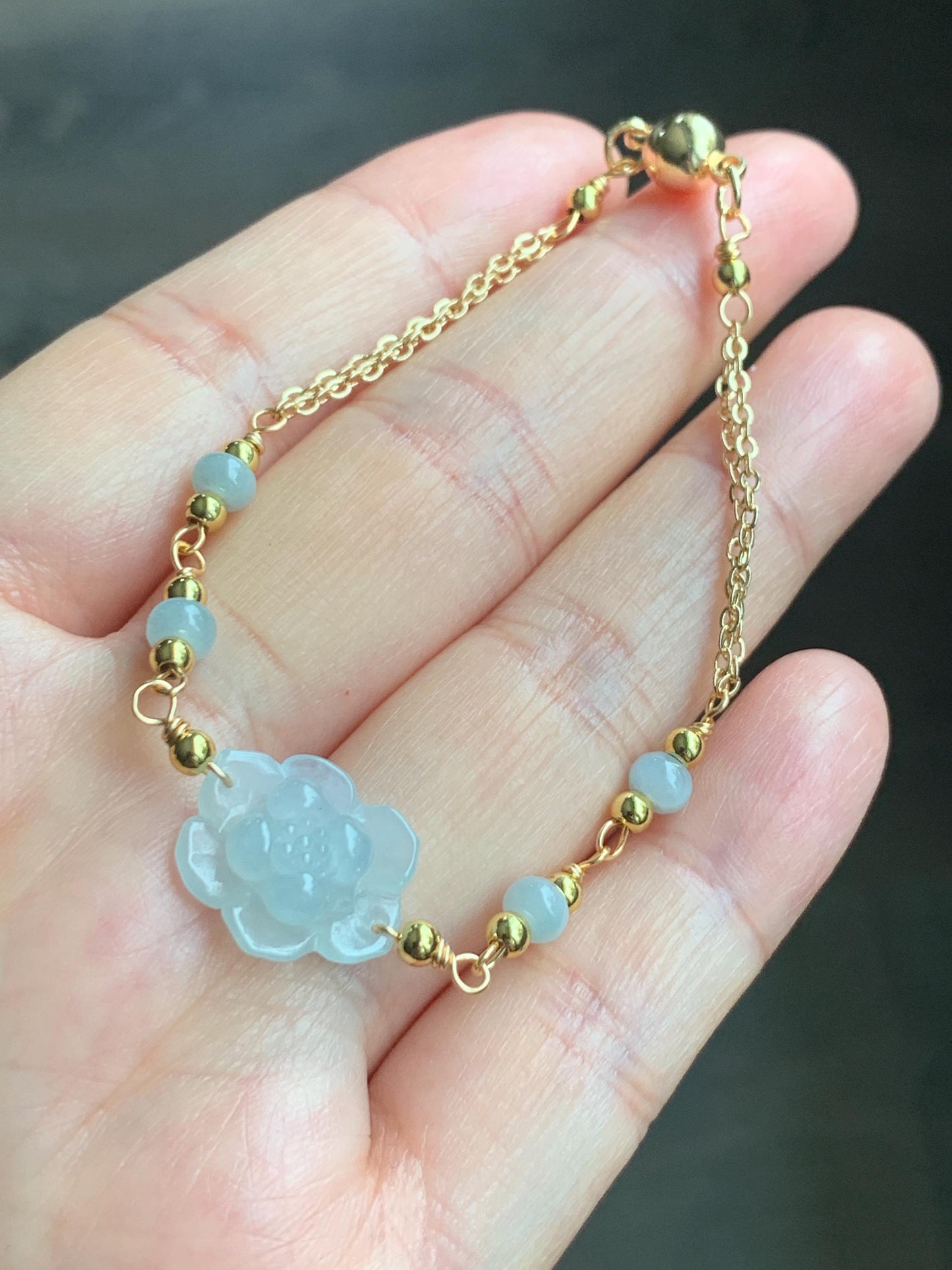 Natural Grade A Icy Translucent Pastel Green Jadeite Lotus Flower Chain Bracelet 14K Gold Filled Magnetic Clasp 6.5” 天然冰晴底翡翠莲花14K包金手链 BJH-B