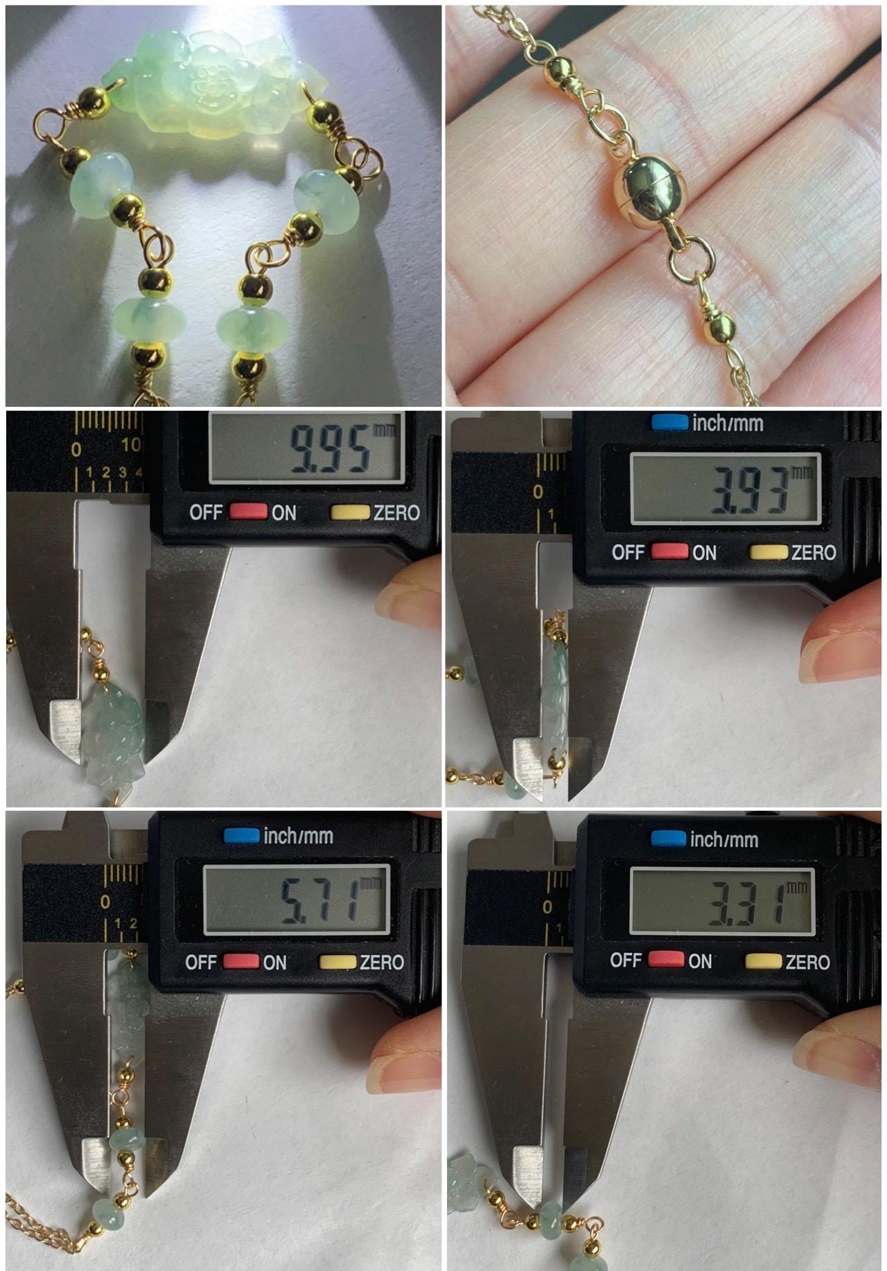 Natural Grade A Icy Translucent Green Marbled Jadeite Lotus Flower Chain Bracelet 14K Gold Filled Magnetic Clasp 6.5” 天然冰飘花翡翠莲花14K包金手链 BJH-C