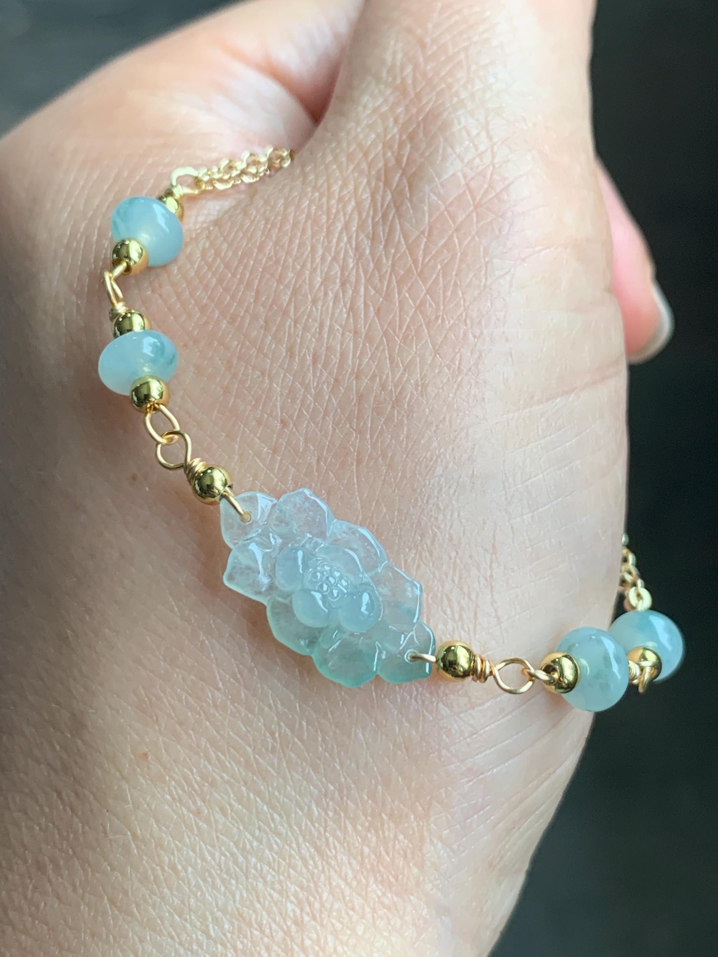 Natural Grade A Icy Translucent Green Marbled Jadeite Lotus Flower Chain Bracelet 14K Gold Filled Magnetic Clasp 6.5” 天然冰飘花翡翠莲花14K包金手链 BJH-C