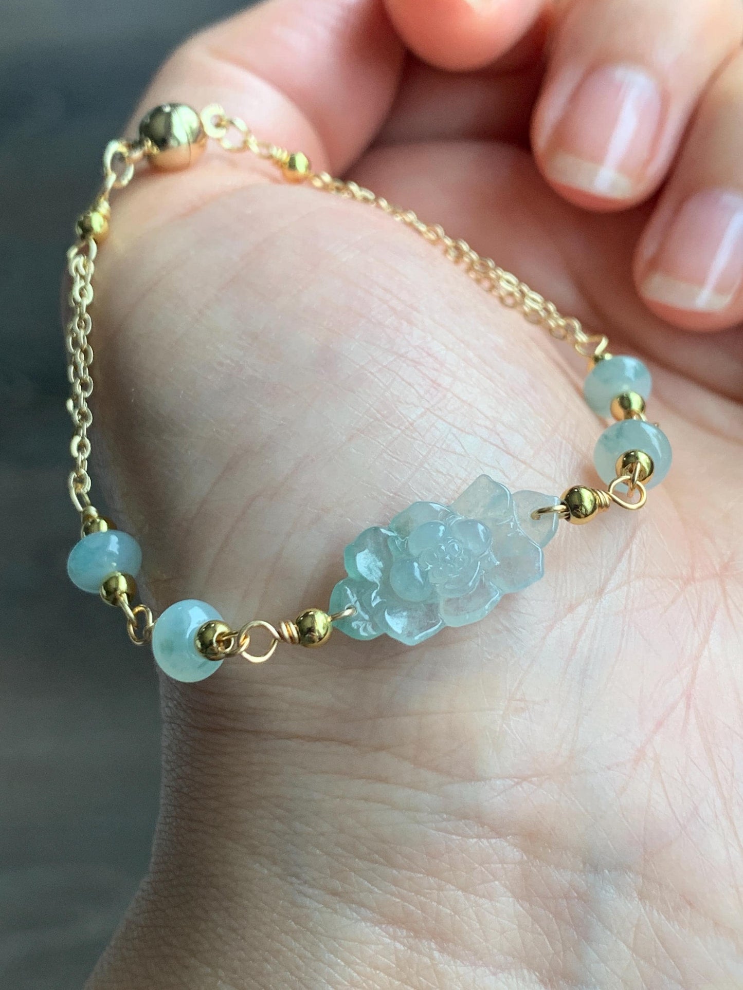 Natural Grade A Icy Translucent Green Marbled Jadeite Lotus Flower Chain Bracelet 14K Gold Filled Magnetic Clasp 6.5” 天然冰飘花翡翠莲花14K包金手链 BJH-C
