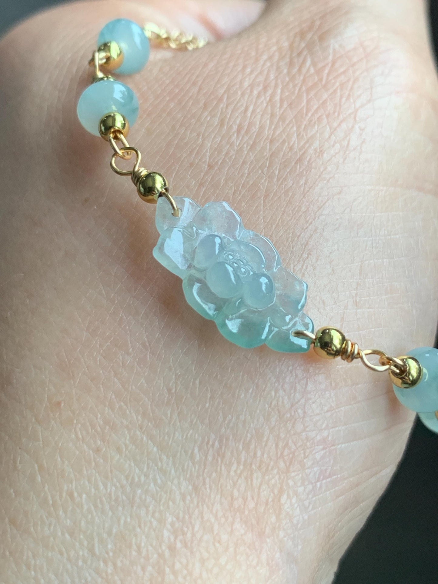 Natural Grade A Icy Translucent Green Marbled Jadeite Lotus Flower Chain Bracelet 14K Gold Filled Magnetic Clasp 6.5” 天然冰飘花翡翠莲花14K包金手链 BJH-C