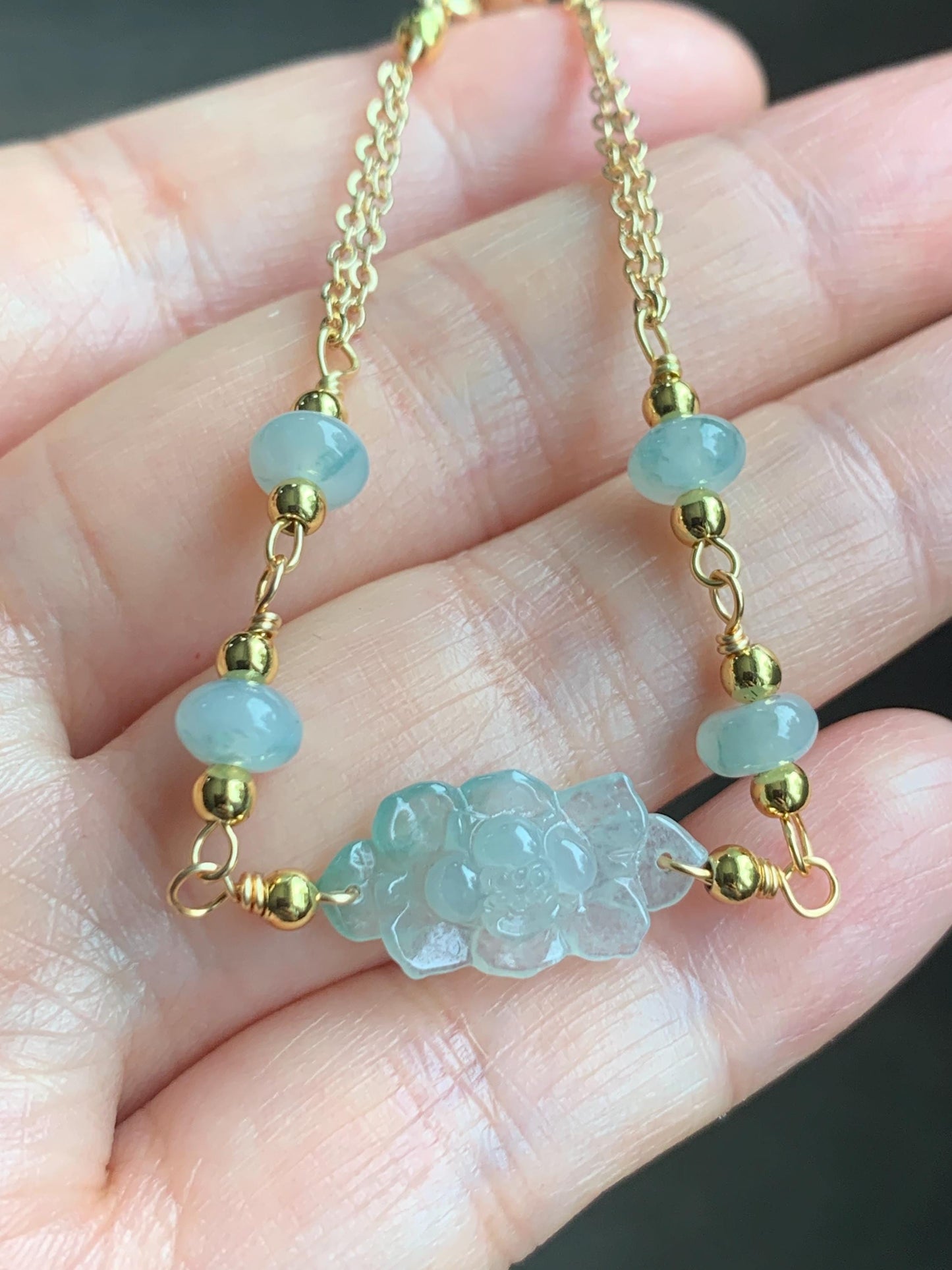 Natural Grade A Icy Translucent Green Marbled Jadeite Lotus Flower Chain Bracelet 14K Gold Filled Magnetic Clasp 6.5” 天然冰飘花翡翠莲花14K包金手链 BJH-C