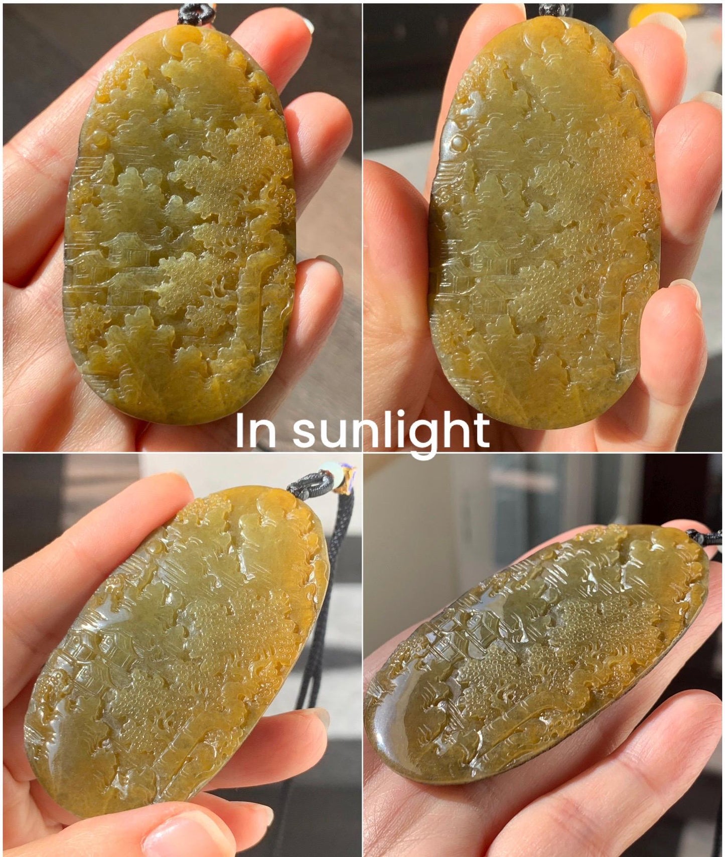 Certified Natural Grade A Icy Translucent Intense Dark Yellow Jadeite Shan Shui Large Pendant Rope Necklace 26” 43g 天然冰油黄原石皮翡翠山水牌吊坠 1515