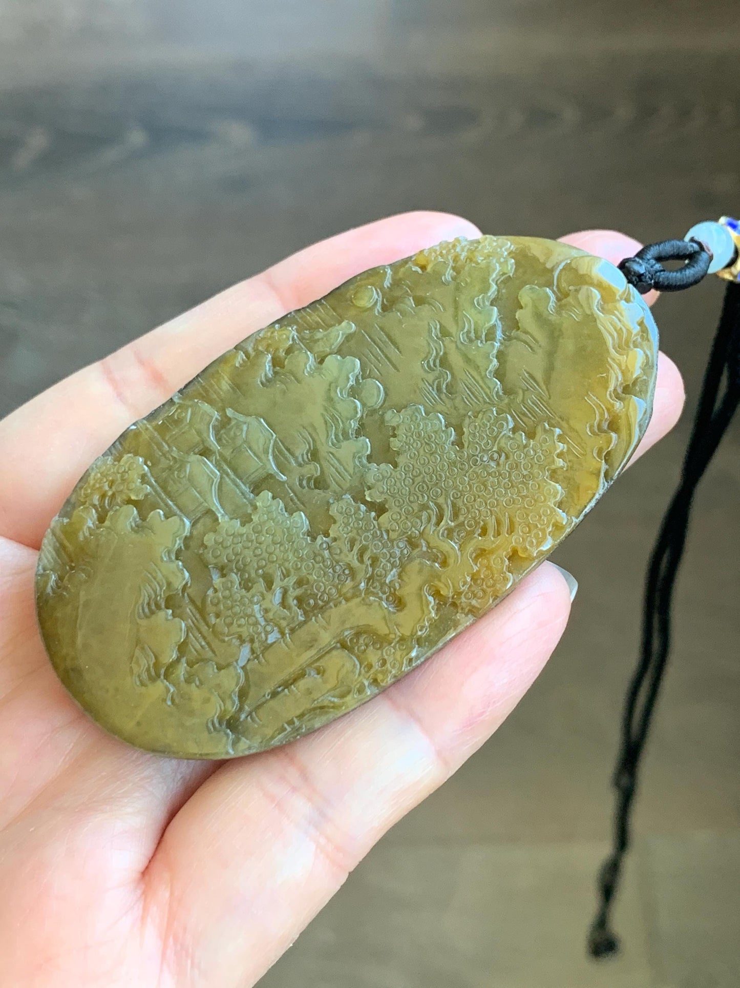 Certified Natural Grade A Icy Translucent Intense Dark Yellow Jadeite Shan Shui Large Pendant Rope Necklace 26” 43g 天然冰油黄原石皮翡翠山水牌吊坠 1515